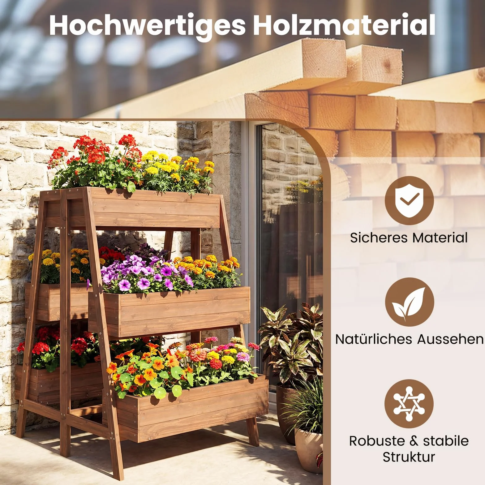 COSTWAY Pionowa podwyższona grządka z 3 poziomami 6 skrzynek drewniana brązowa 126 x 90