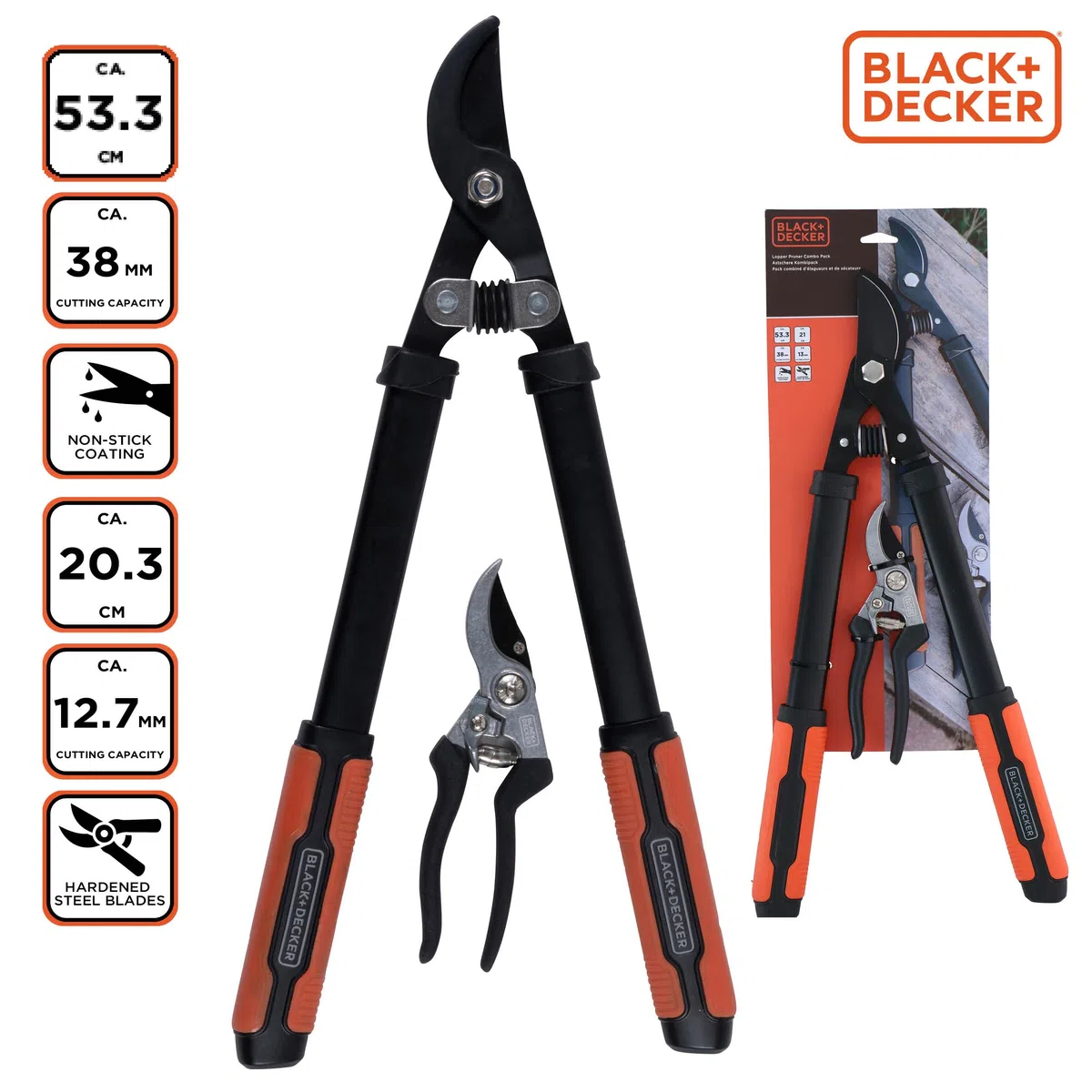 BLACK+DECKER Nożyce do gałęzi – 2 sztuki – nożyce do gałęzi 53,3 cm – nożyce ogrodowe 20,3 cm – czarne/pomarańczowe