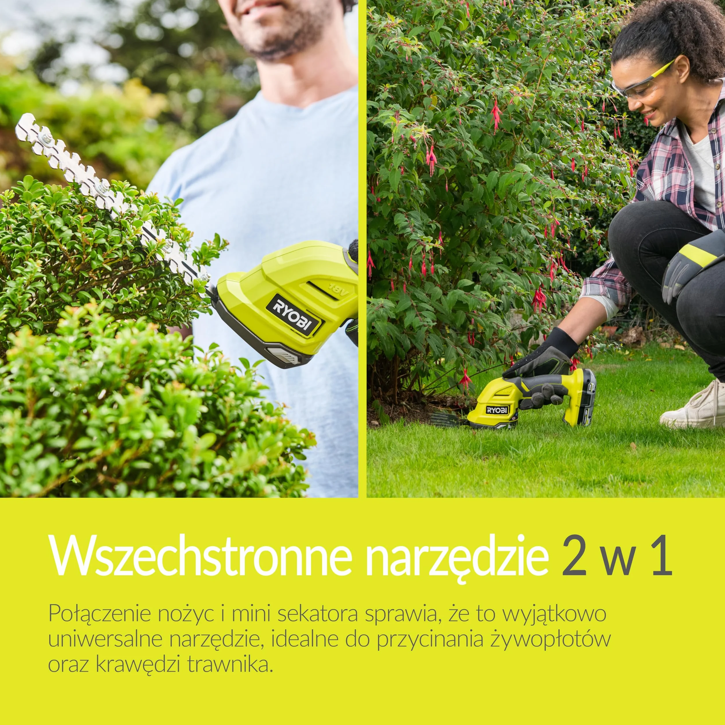 Ryobi Nożyce do Żywopłotu i Trawy 18V, RY18GSA-0, Kompaktowe Nożyce, 2w1, Ostrze do Krzewów 20 cm, Ostrze do Trawy 10 cm, Beznarzędziowa Wymiana Ostrzy, Wersja bez Akumulatora i Ładowarki