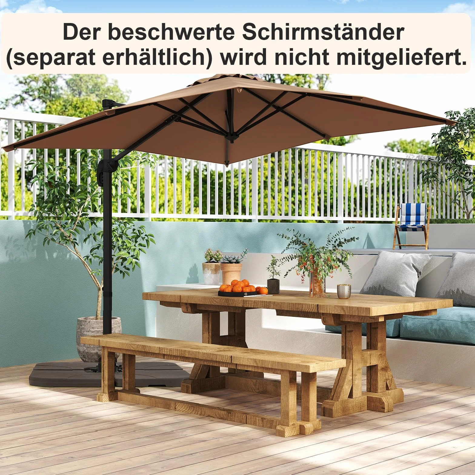 COSTWAY Parasol przeciwsłoneczny prostokątny 250x250 cm z korbą odchylany 360° ogrodowy tarasowy brązowy