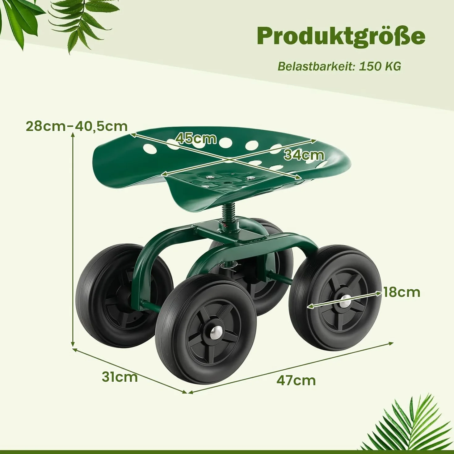 FANTASK Siedzisko na kółkach z kółkami do 150 kg, regulacja wysokości, obracane o 360°, mobilne siedzisko ogrodowe, stołek ogrodowy, metalowy, szerokie opony