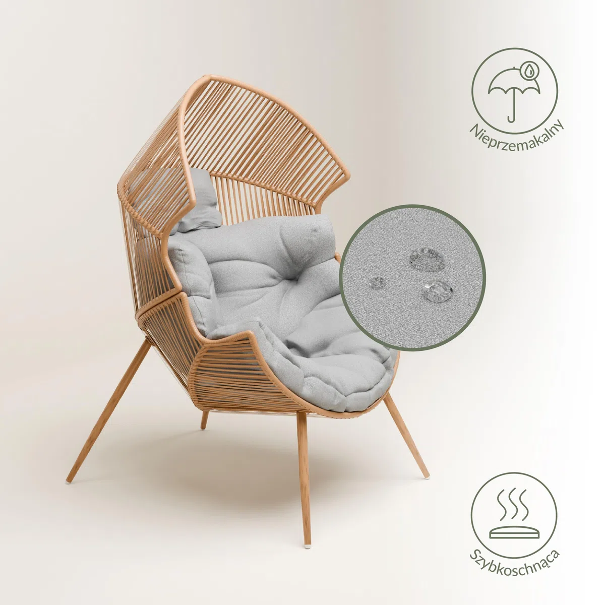 Summery, fotel rattanowy, odporny na warunki atmosferyczne, fotel ogrodowy z poduszką do siedzenia, fotel balkonowy, fotel wiklinowy na taras, poduszka odporna na działanie wody, szara, wyściełana