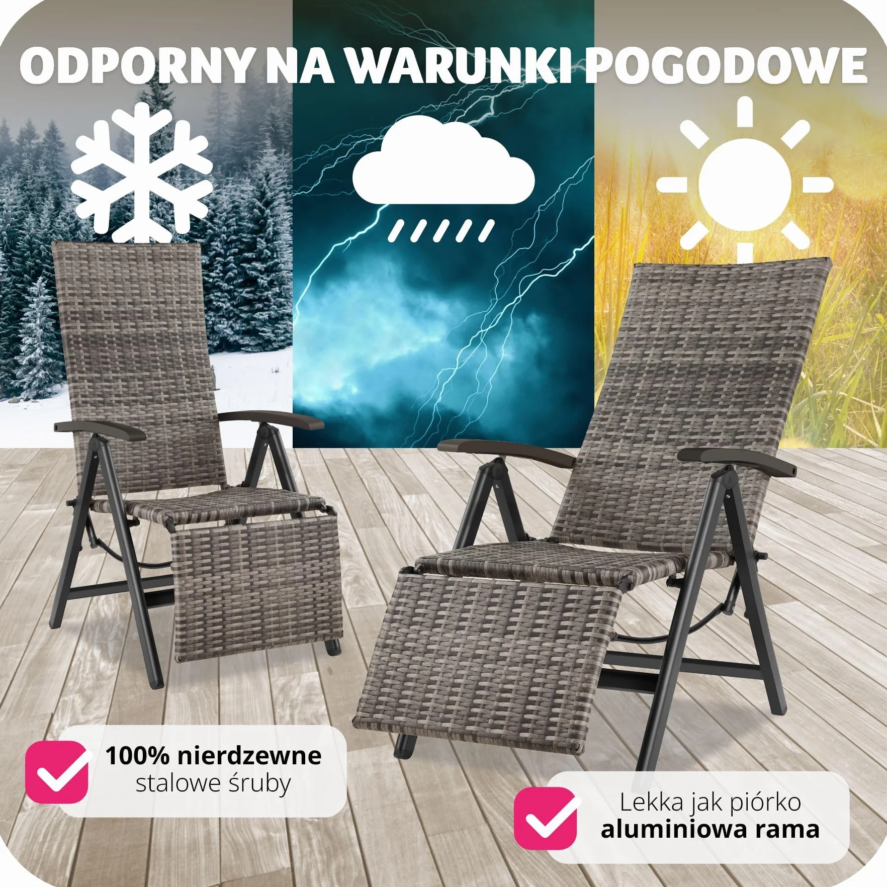 tectake®, Składany Fotel Ogrodowy, Rattanowe Krzesło Relaksacyjne, Regulacja Oparcia, Podnóżek, Plecionka UV, Aluminium, Antypoślizgowe Nóżki, Leżak Plażowy, Balkonowy, Na Taras (Szary)