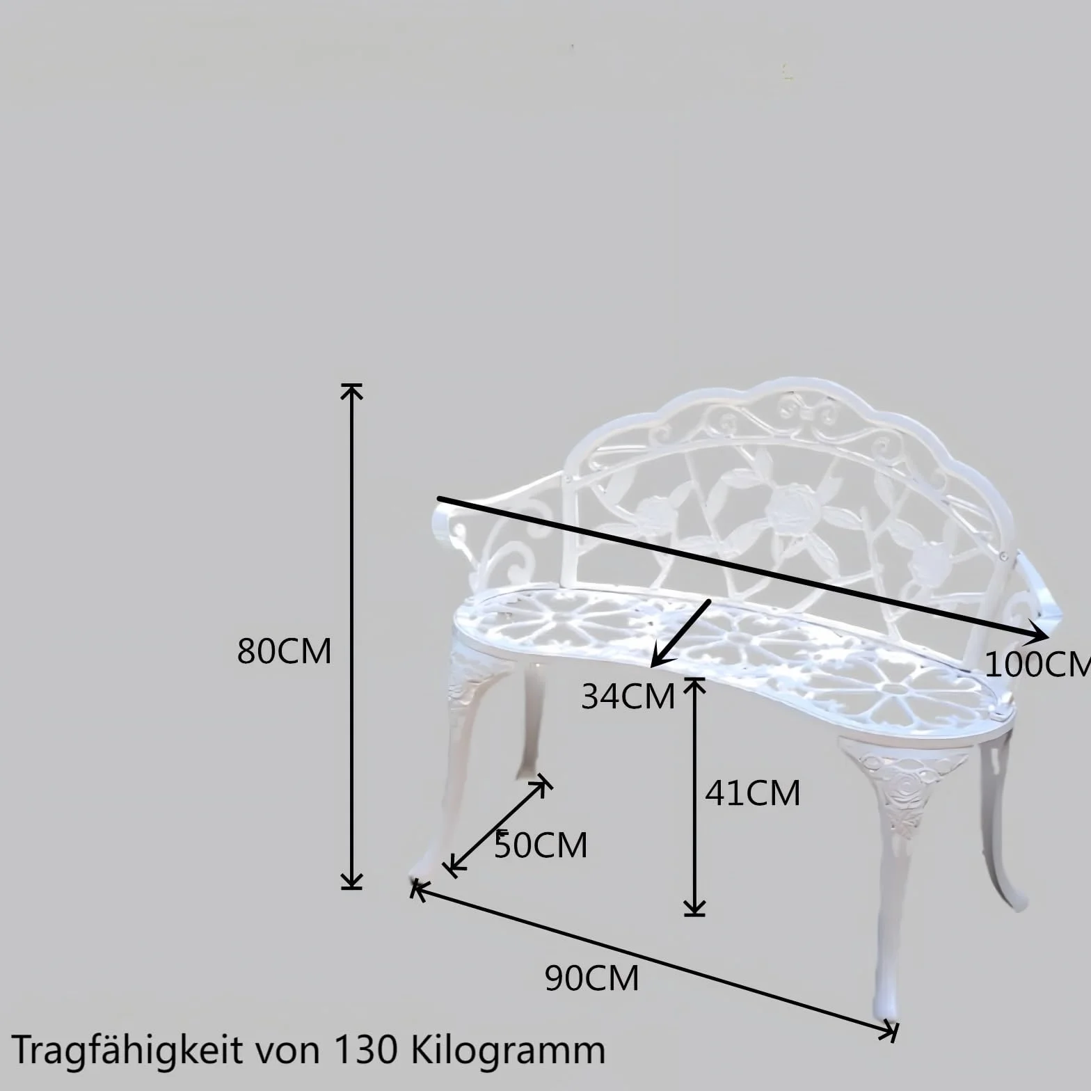 Ławka ogrodowa, metalowa, aluminiowa, róża, pasuje do ogrodu, werandy, parku, frontu, werandy, balkonu, na zewnątrz (biała)