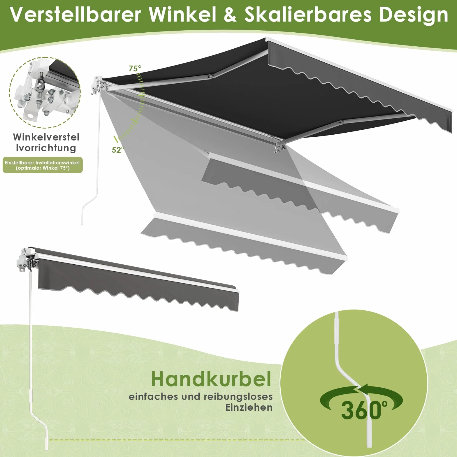 Markiza przegubowa 250x200 cm uchwyt ścienny korbka ręczna wodoodporna aluminium poliester taras balkon