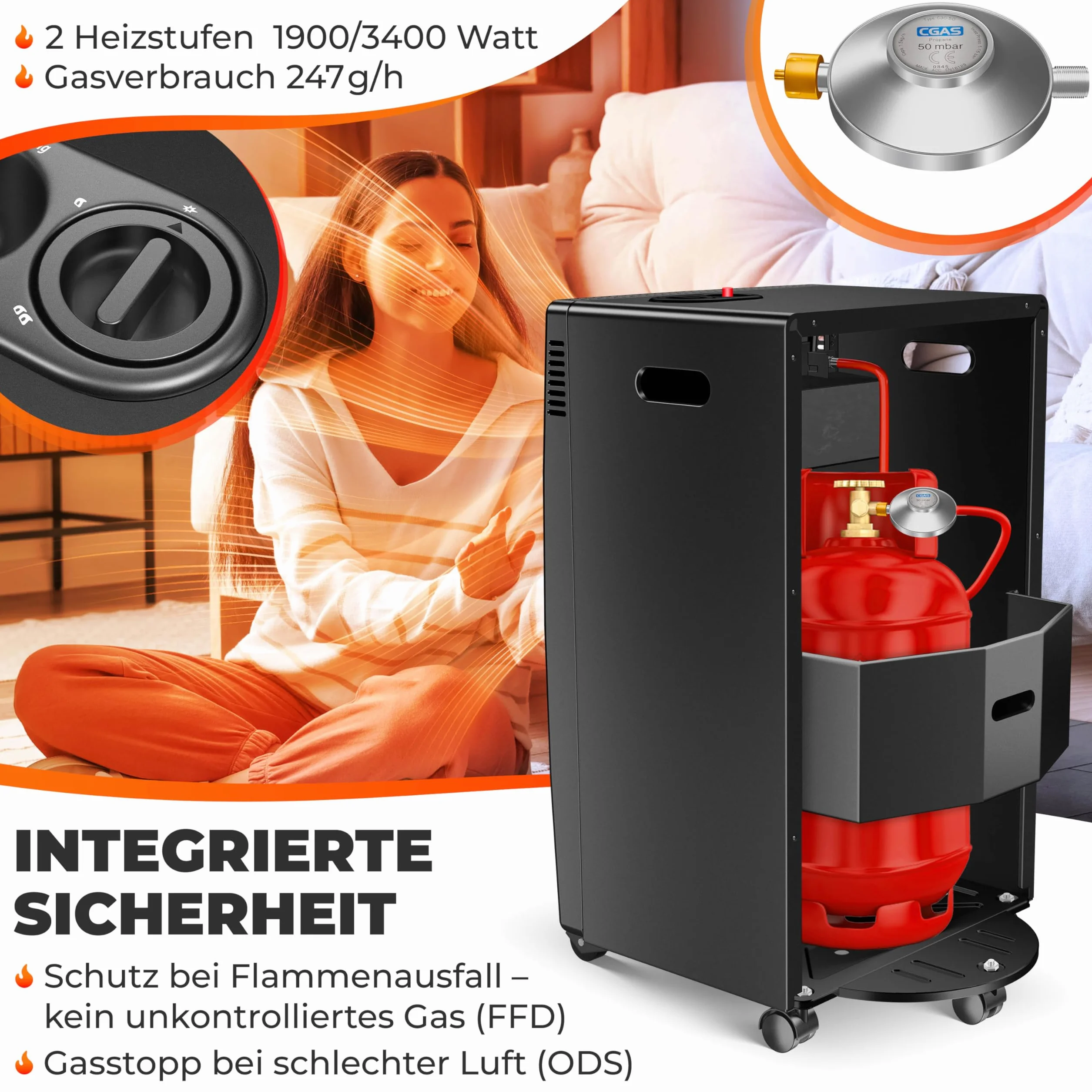 KESSER® Grzejnik gazowy, 3,4 kW, zawiera reduktor ciśnienia gazu i wąż gazowy, 2 stopnie grzania na podczerwień 3400 W, ogrzewanie gazowe, butle z butanem lub propanem, do 11 kg, czarny
