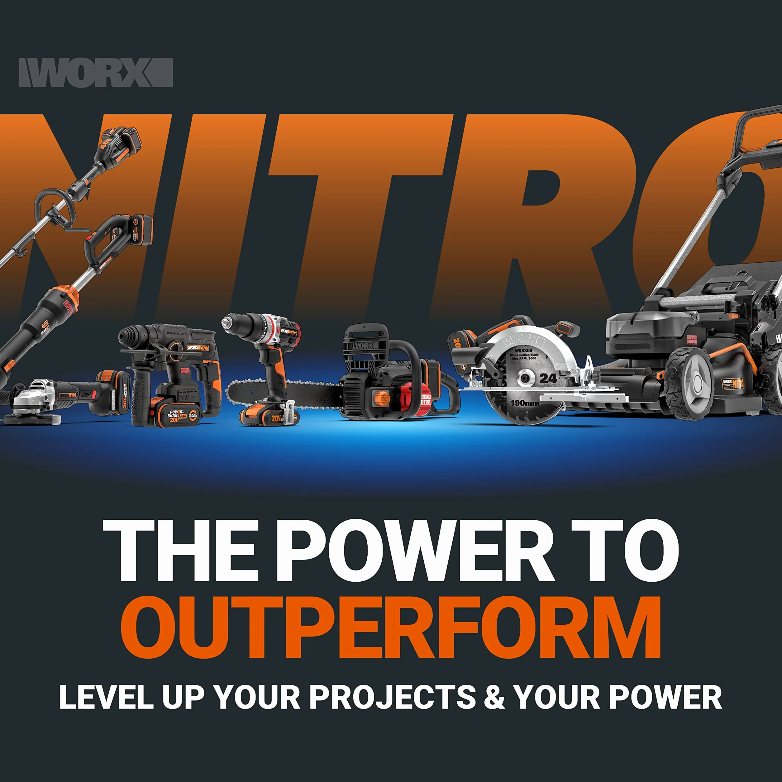 WORX Piła łańcuchowa Nitro 40V (2x20V) | PowerShare | WG385E.9 | Nie obejmuje baterii i ładowarki | Silnik bezszczotkowy | Miecz 40 cm | Hamulec łańcucha i automatyczne smarowanie