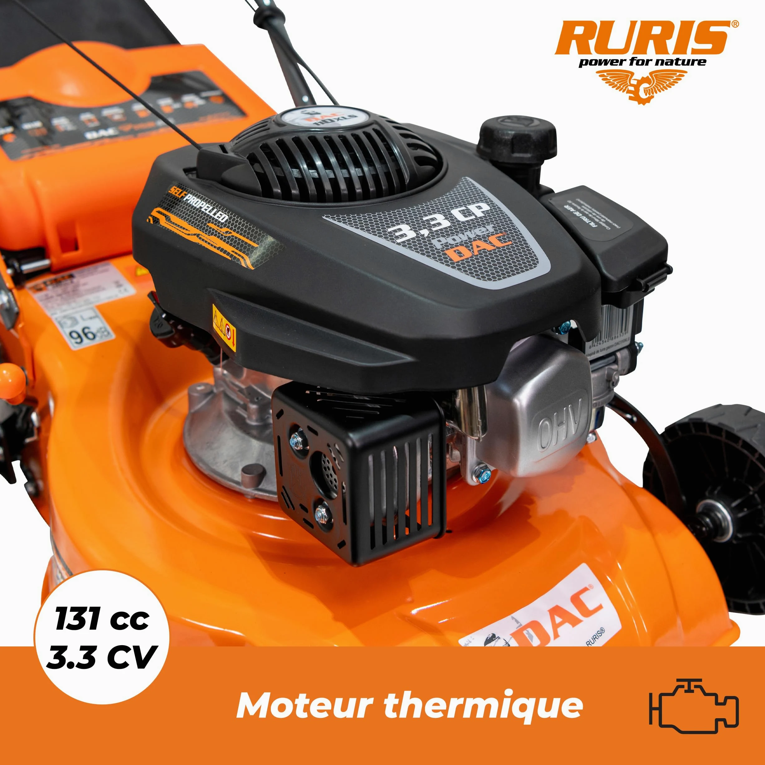 RURIS DAC 110XLS Termiczna kosiarka spalinowa, silnik 3,3 KM, 131 cm³, szerokość cięcia 400 mm, regulowana wysokość 25-65 mm, kosz 45 l, wyrzut tylny, metalowa rama