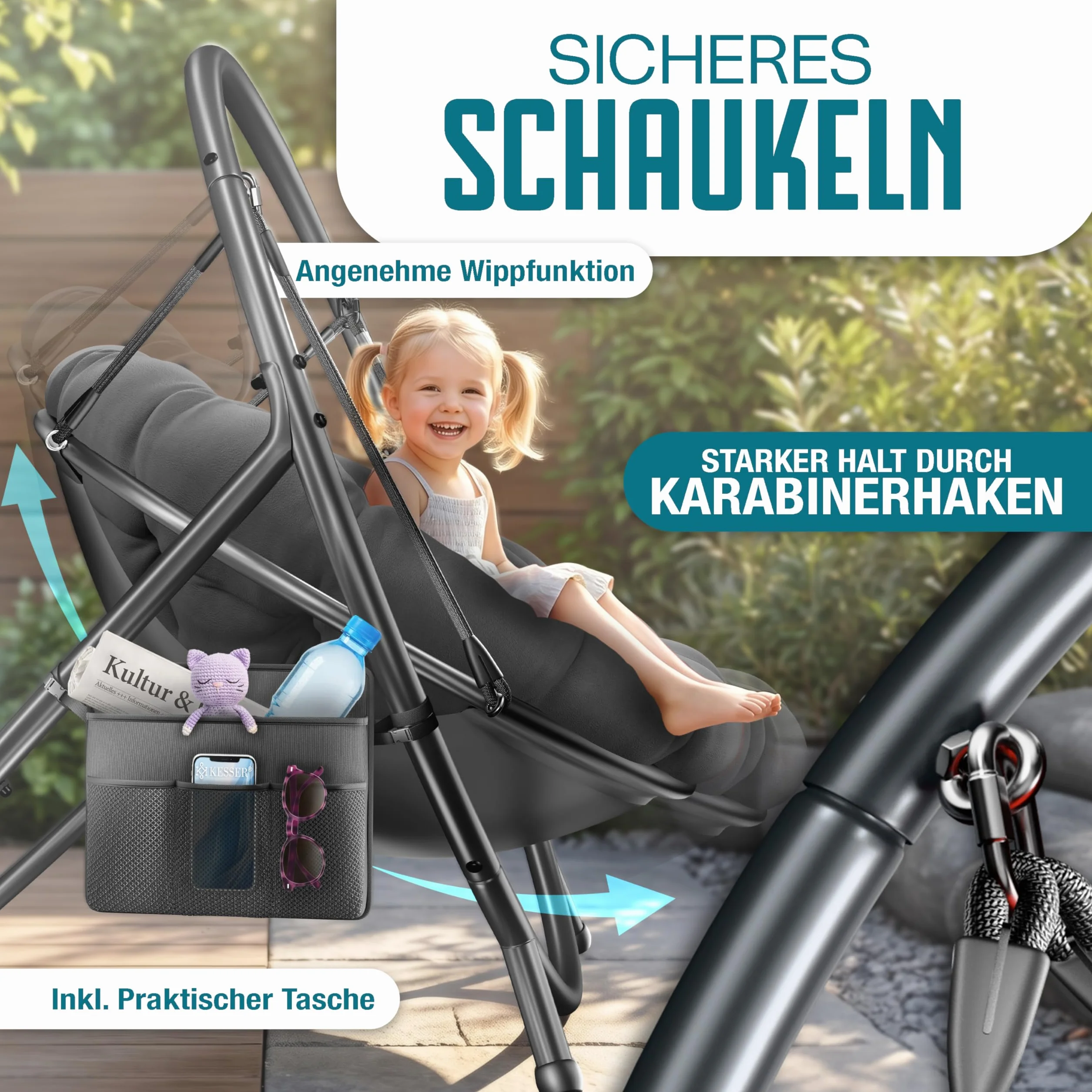 KESSER® Fotel wiszący ze stalowym stelażem, huśtawka, do 150 kg, do użytku wewnątrz i na zewnątrz, z poduszką i kieszenią boczną, kosz wiszący, piankowa poduszka, idealny do salonu i ogrodu