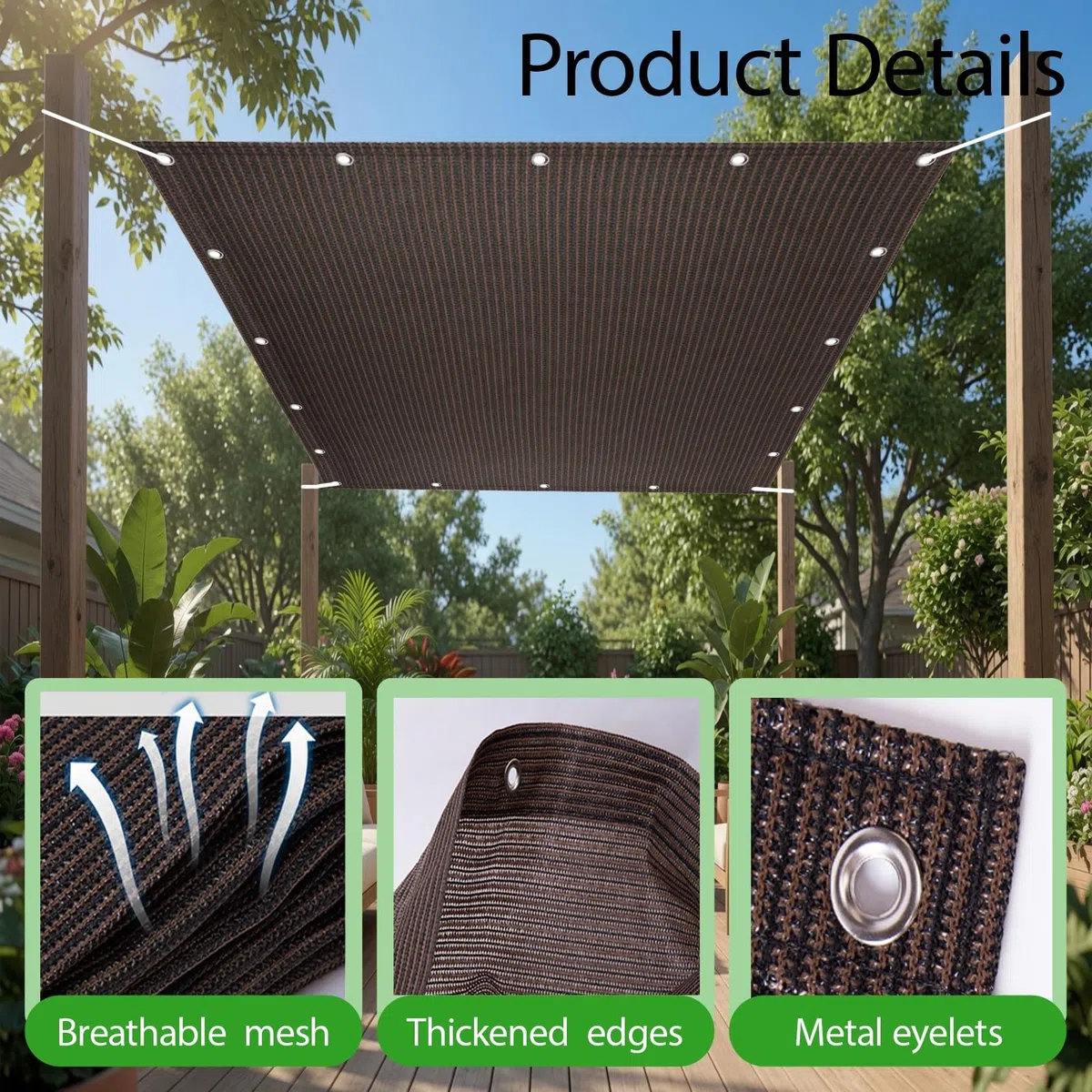 Żagiel Przeciwsłoneczny HDPE Prostokątny 225 x 590 cm Oddychający HDPE Oddychający Oczka Ze Stali Nierdzewnej Dla Patio, Dziedzińca I Basenu, brązowy