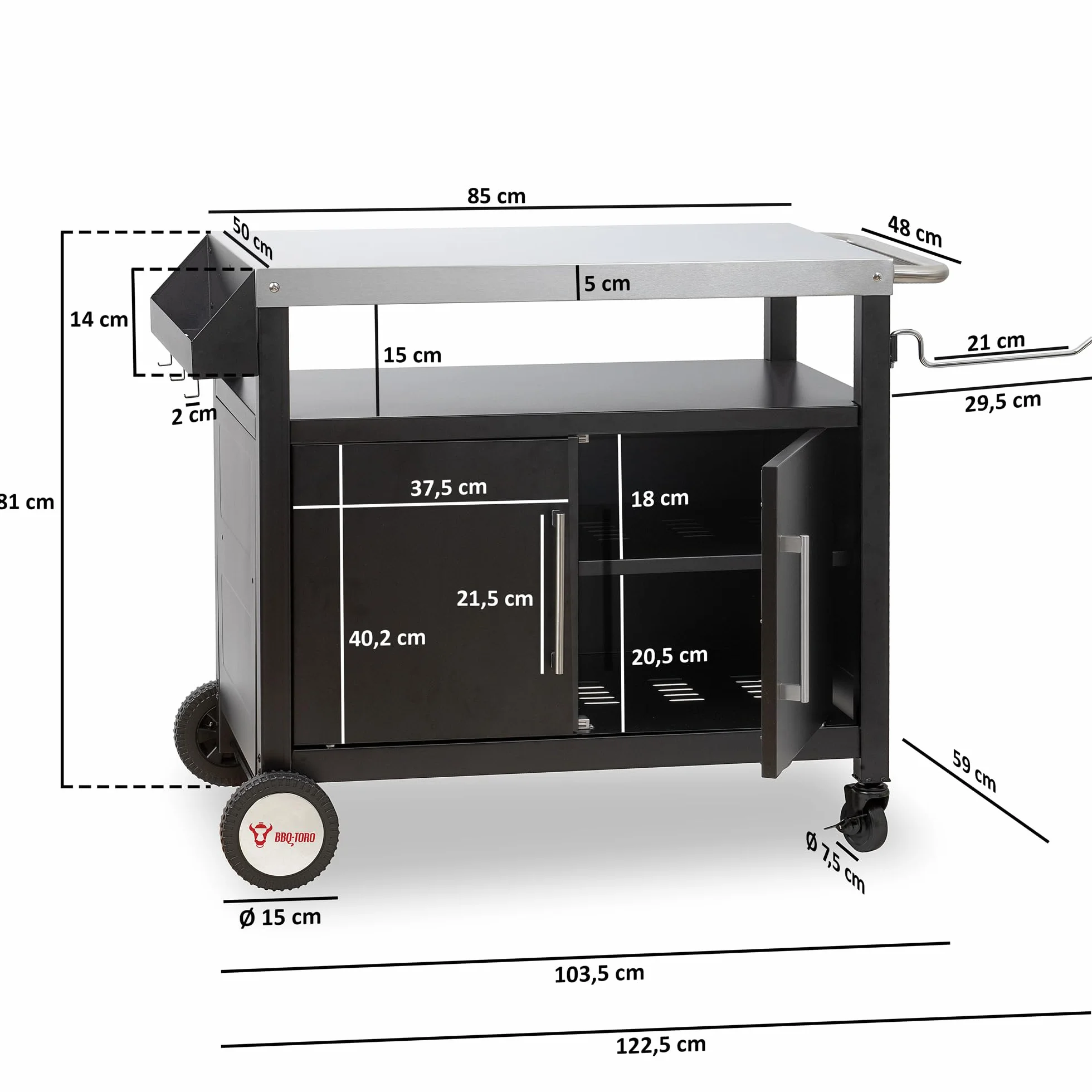 BBQ-Toro Grill na kółkach, 103,5 x 59 x 81 cm, srebrny/czarny, stolik do grillowania z dużą powierzchnią roboczą, wózek