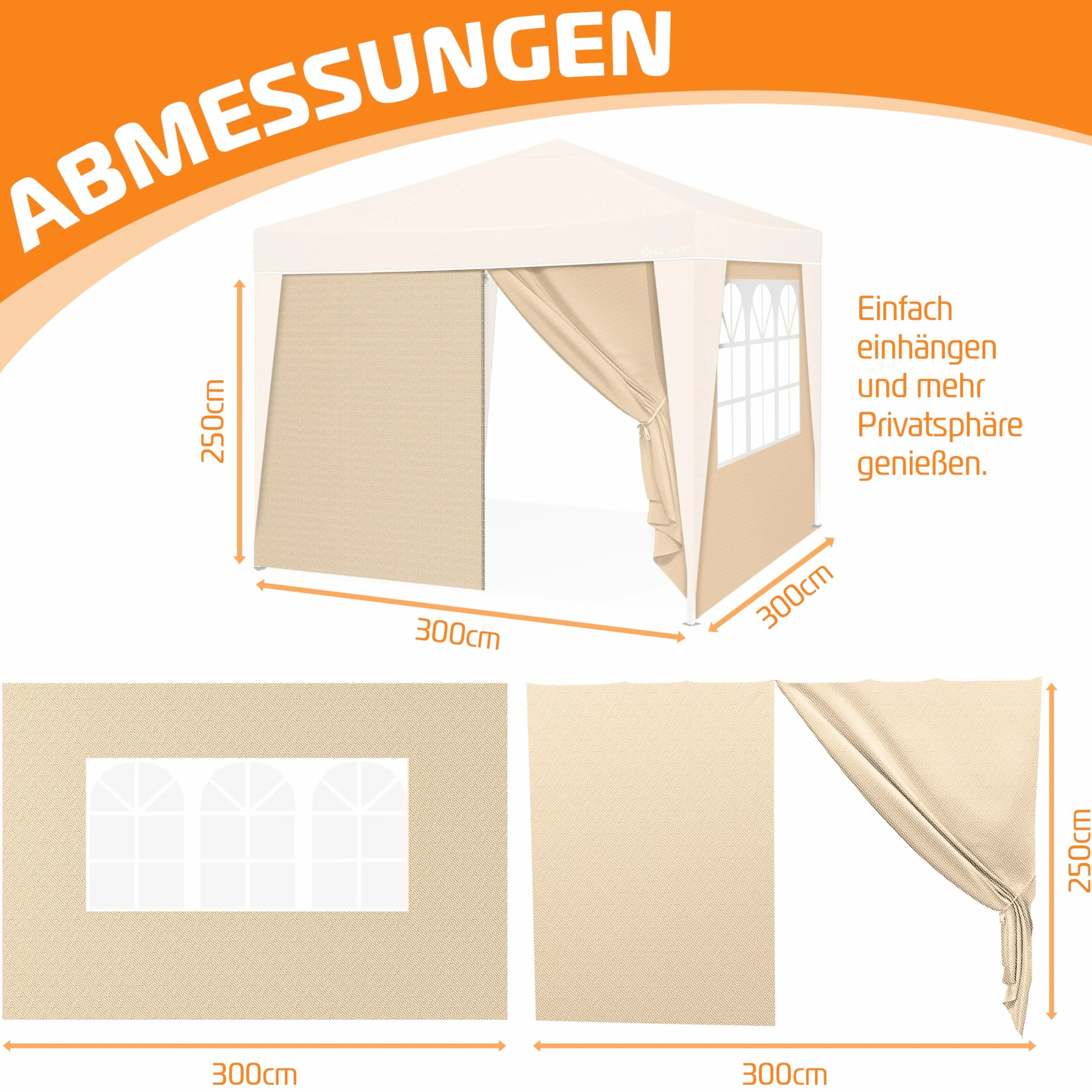KESSER® 2X Panel boczny do pawilonu 3x3m - Pop Up | składany | oszczędzający miejsce | chowany| z zamkiem błyskawicznym| okno boczne Przezroczysty| Odporny na warunki atmosferyczne - Beżowy