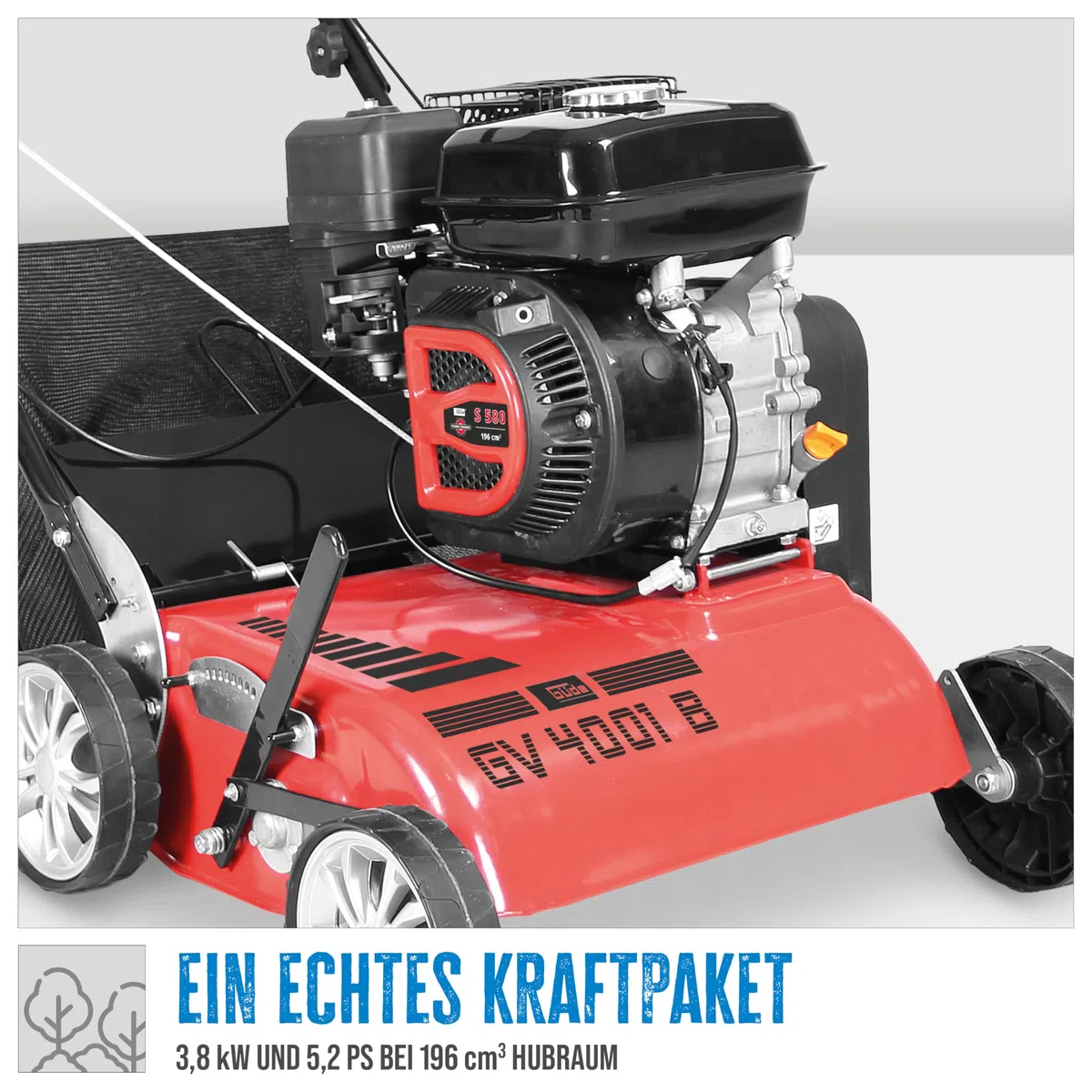 Güde Wertykulator silnika GV 4001 B (4-suwowy Power-Engine S 580 V, moc silnika: 3,8/5,2 (kW/PS), szerokość robocza: 40 cm, worek na trawę 30 l, 7-stopniowa centralna regulacja wysokości roboczej, w