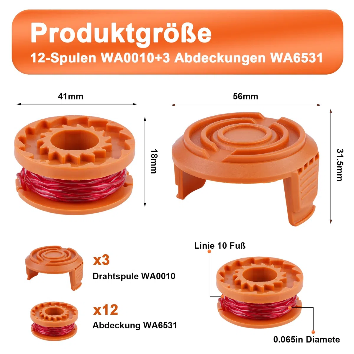 Zamienna szpula do podkaszarki do trawy Worx, wszystkie 20 V, szpula żyłki do podkaszarki, szpula zapasowa model WA0010 Ø 1,65 mm, długość 3 m (12 zapasowych szpul + 3 nasadki WA6531)