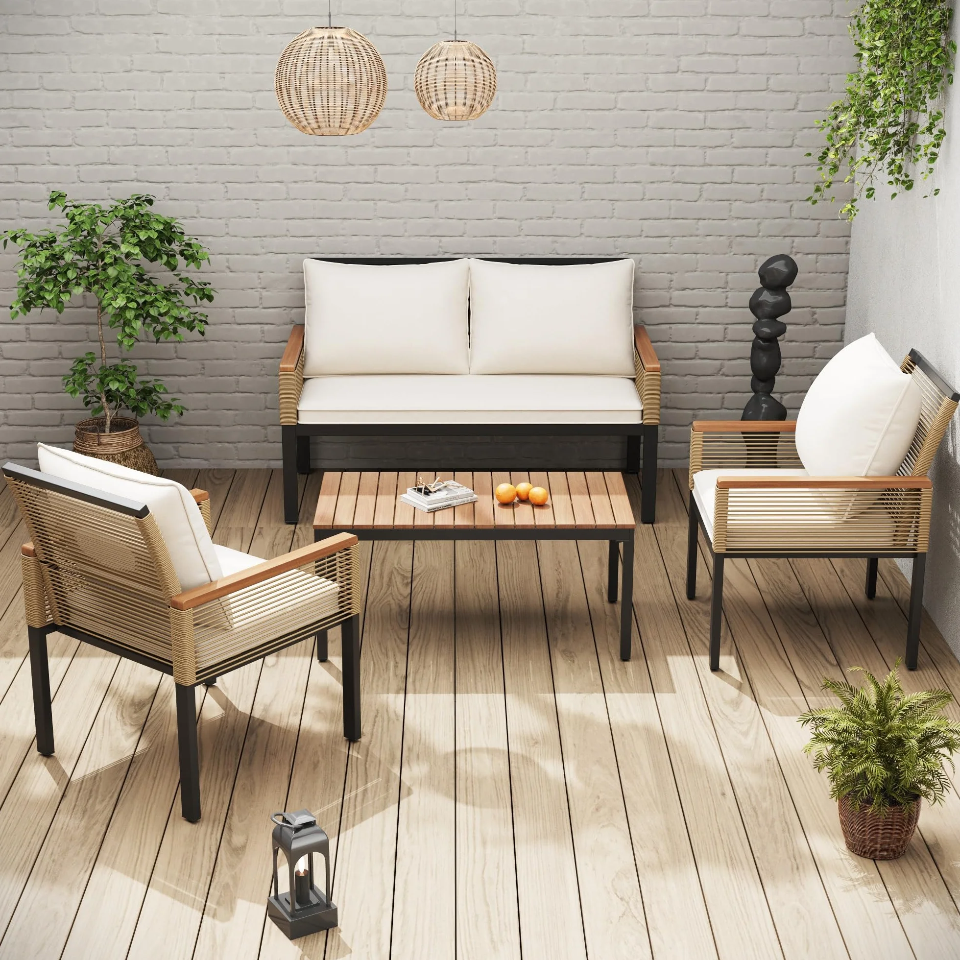 Zestaw mebli ogrodowych z wygodną poduszką, podwójna sofa, 2 fotele i stół, do użytku na zewnątrz, rattan, stół i krzesła (beżowy)
