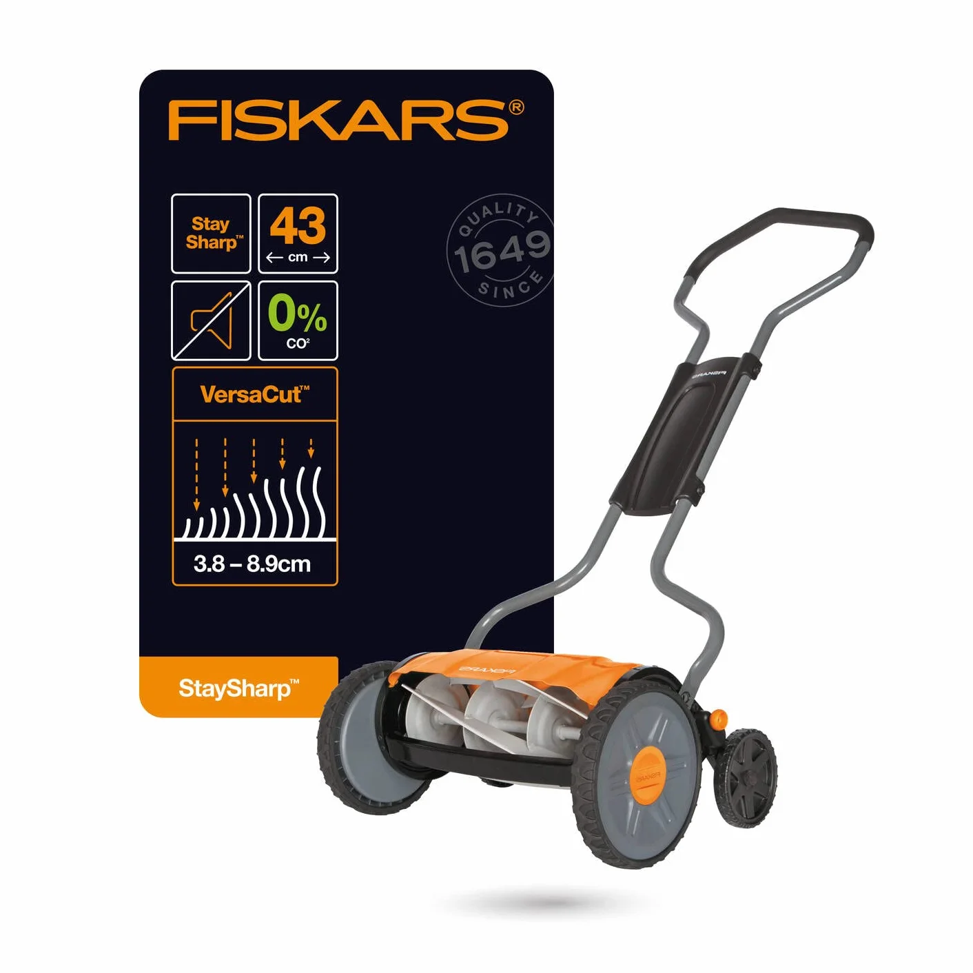 Fiskars Kosiarka bębnowa, Do trawy z bezkontaktowym systemem tnącym, Szerokość koszenia: 43 cm, StaySharp Plus, Czarna/ pomarańczowa/ srebrna, 1015649