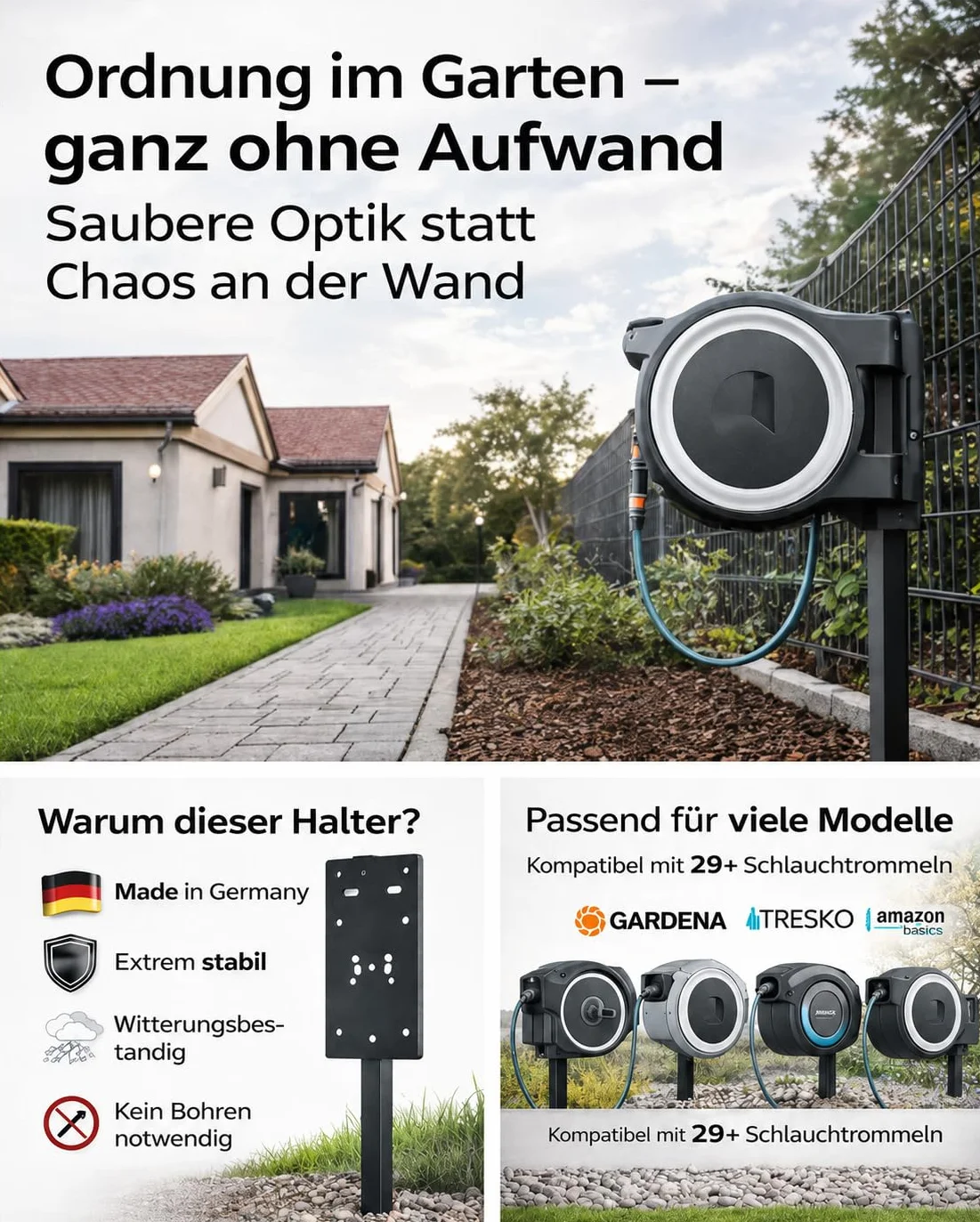 Uchwyt do pojemnika na wąż i bęben na wąż – wolnostojący i stabilny – kompatybilny z Gardena®, Amazon Basic® i innymi – nie wymaga montażu na ścianie