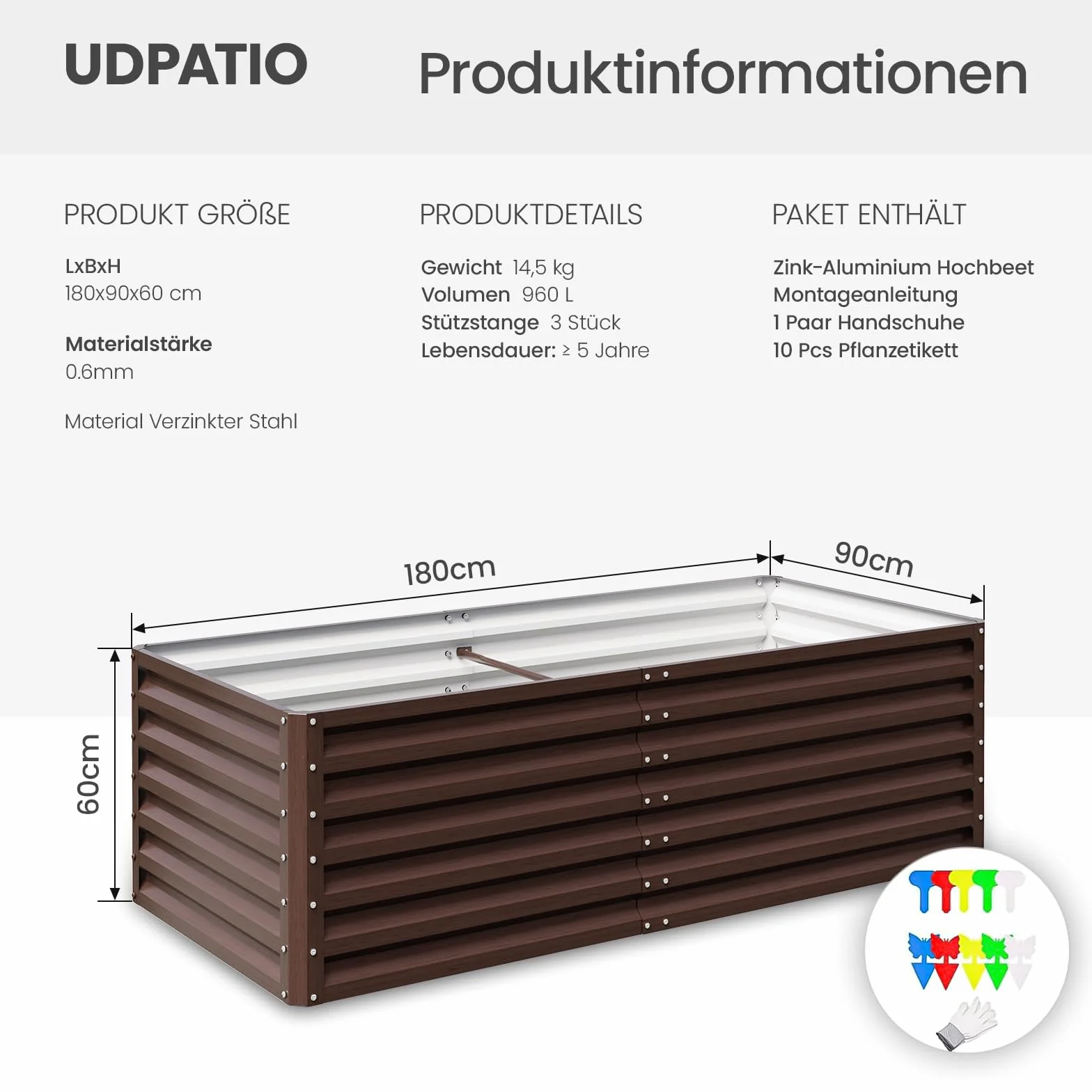 UDPATIO Podwyższona grządka z metalu, 180 x 60 x 90 cm, zestaw 2 szt., cynkowo-aluminium, wolnostojąca podwyższona grządka do ogrodu i na balkon, 970 l, skrzynka na rośliny do ogrodu, do uprawy warzyw