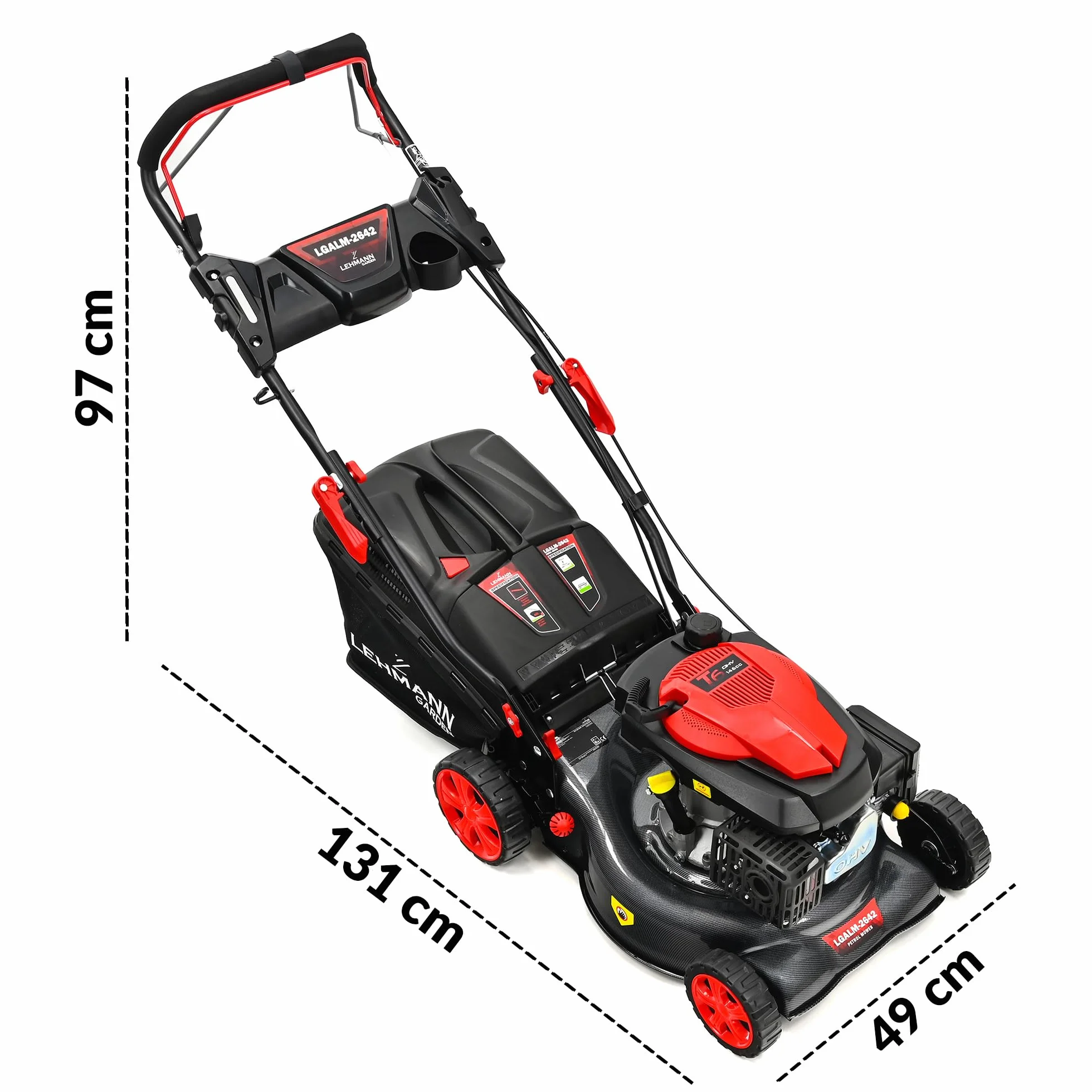 Lehmann LGALM-2642 kosiarka spalinowa z napędem 146 cm³ 2,6 kW szerokość cięcia 42 cm obudowa stalowa regulacja wysokości koszenia 25-70 mm