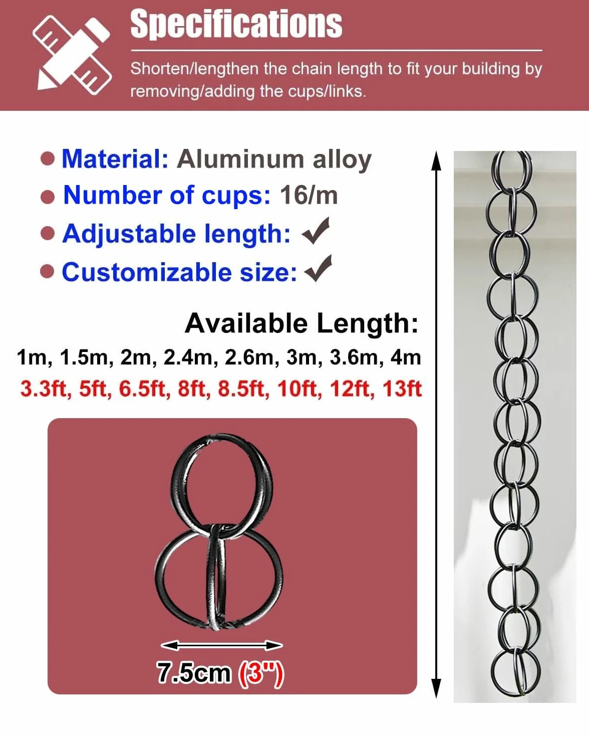 Rain Chain Ozdobne Łańcuchy Deszczowe Wodospad, Metalowy Łańcuszek do Łapacza Deszczu, Rynny Rynny Spustowe Odwracacze Wody Deszczowej, Zewnętrzny Łańcuch Deszczowy do Kolektora Wody (Size : 3.6m/12f
