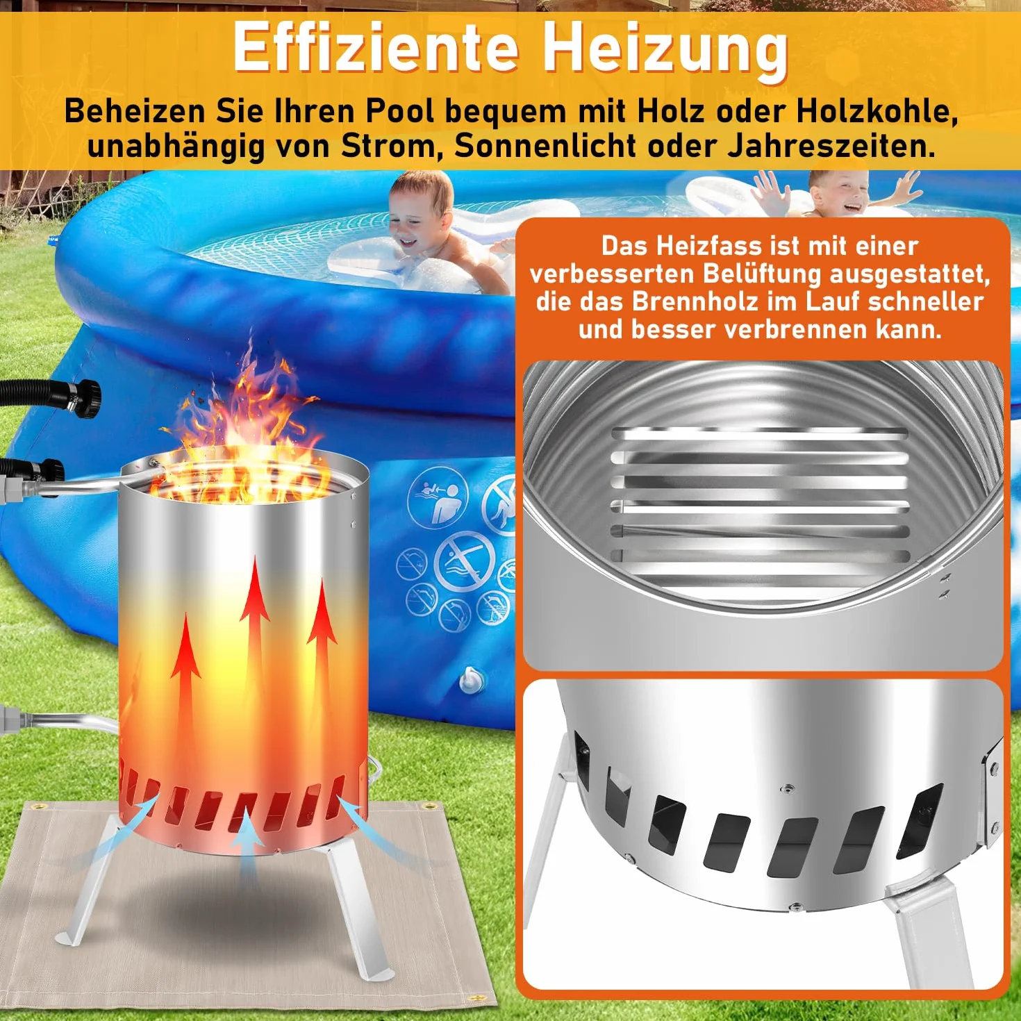 Kociołek ze spiralą grzewczą do ogrzewania basenu za pomocą ognia, przyłącza 32/38 mm, 100% stal szlachetna, ogrzewanie do ponad 12°C na 1000 l/h