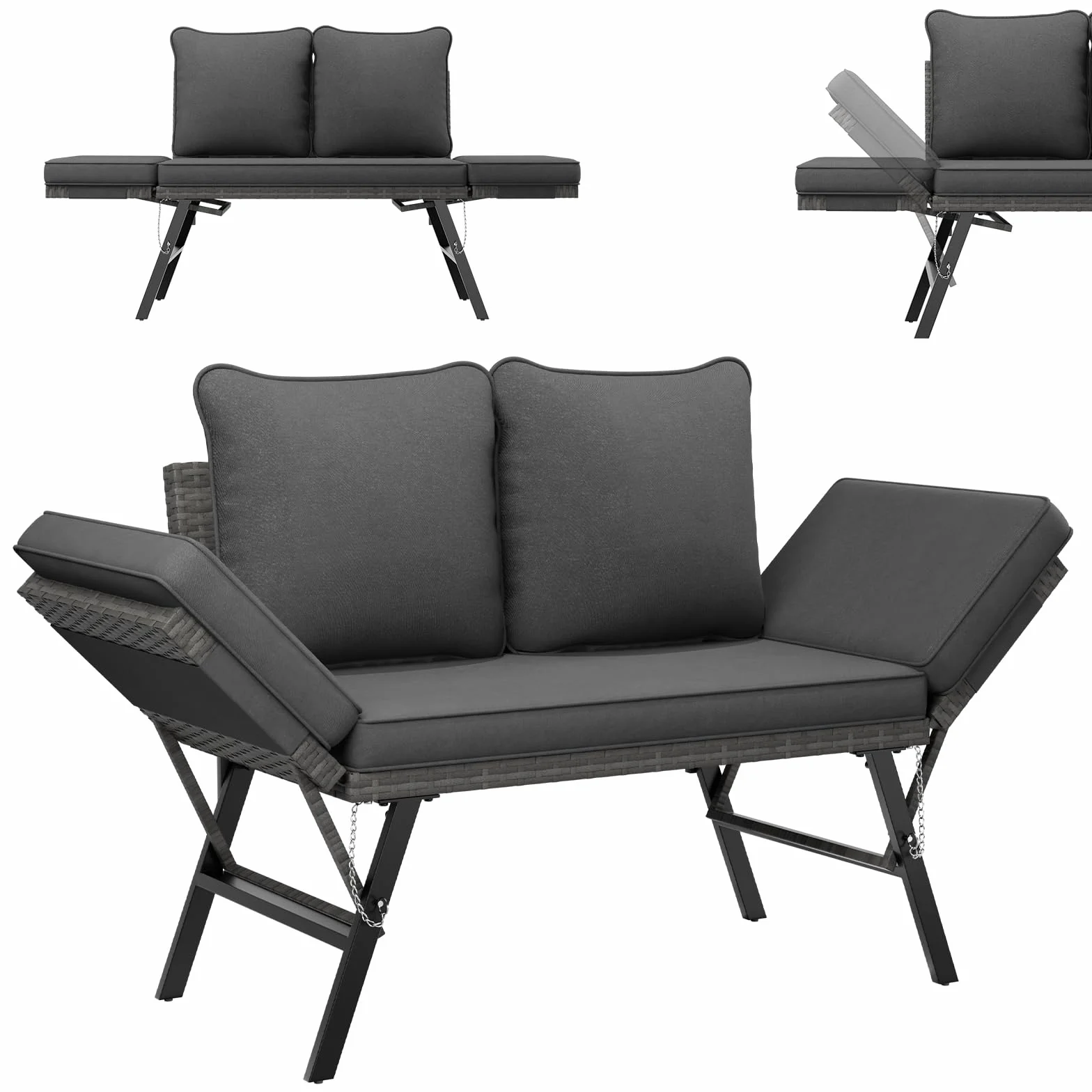 UDPATIO Polyrattan Ławka ogrodowa odporna na warunki atmosferyczne z funkcją leżakową, sofa balkonowa 3 w 1, funkcja regulacji z dodatkowo grubymi poduszkami siedzisk i poduszkami na podłokietniki do