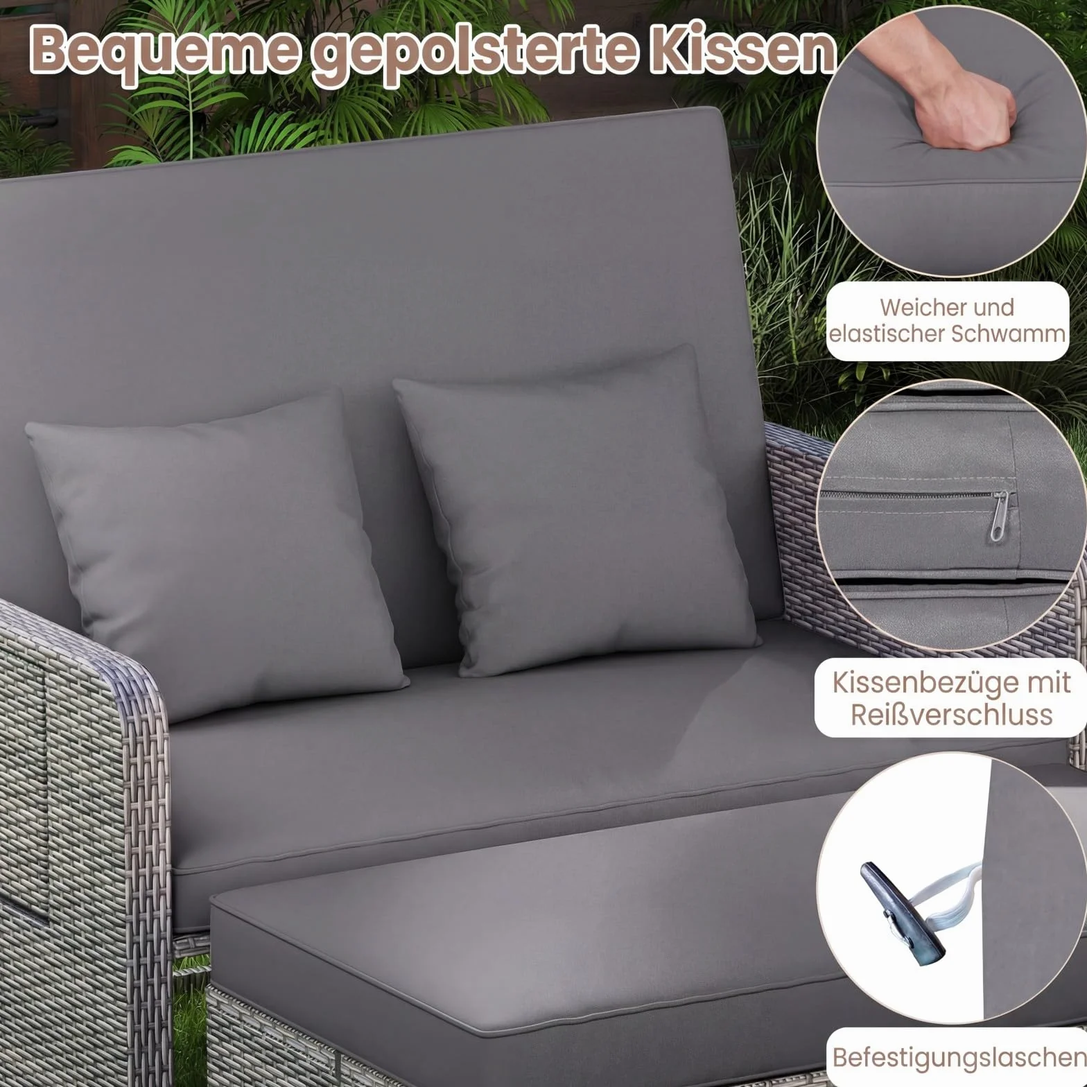 COSTWAY Sofa rattanowa, meble do użytku na zewnątrz, sofa ogrodowa z funkcją leżenia, 2-osobowa sofa ogrodowa z poduszkami i półkami bocznymi, meble ogrodowe z polirattanu, mały balkon (mieszanka