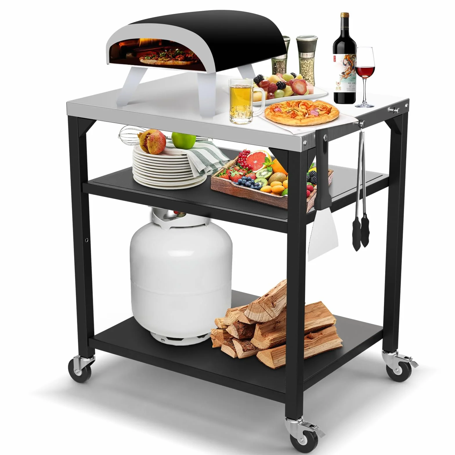 GFTIME Wózek stołowy do pieca do pizzy Ninja Woodfire, Blackstone Griddle, Weber Q, duży wózek na kółkach z wyspą kuchenną, uniwersalny wózek do grillowania, stojak na grilla ze stali nierdzewnej, 3