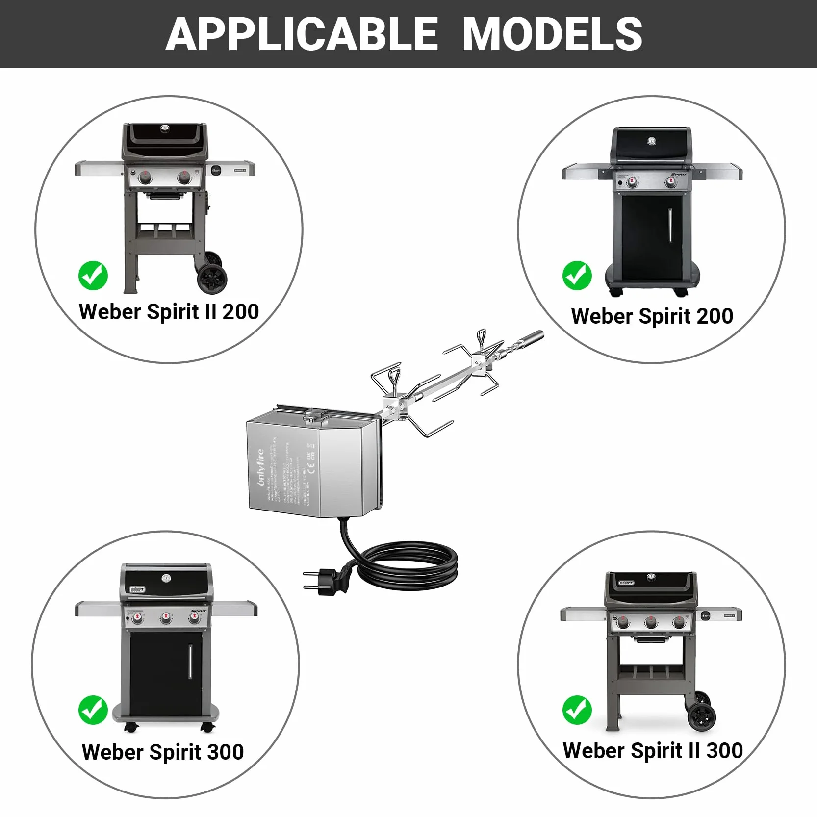 Onlyfire BRK-6045 Zestaw rożna ze stali nierdzewnej odpowiedni do grilli gazowych Weber Spirit 200/300 i Spirit II 200/300