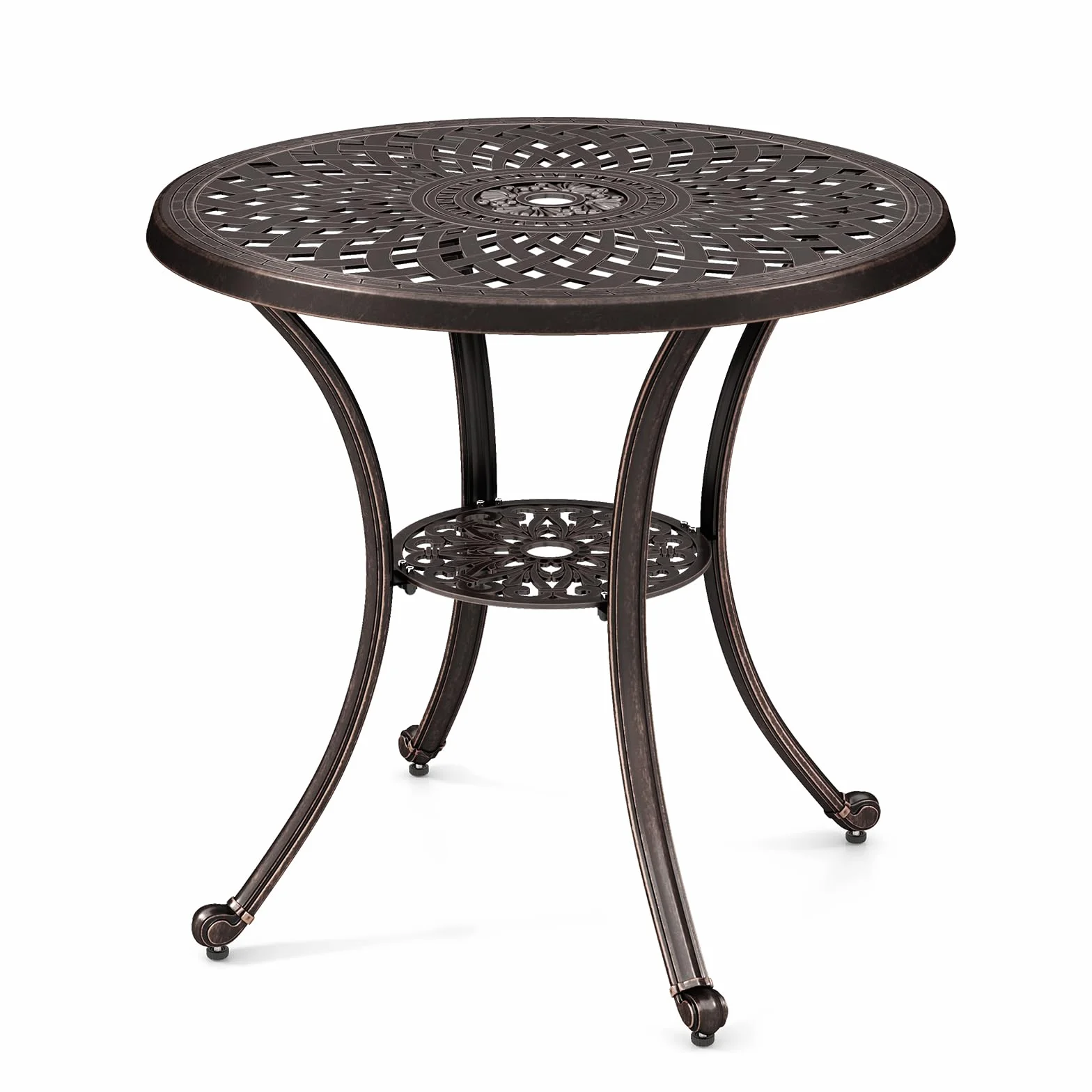 GIANTEX Okrągły stół ogrodowy, Ø 79 cm, stół bistro z otworem na parasol o średnicy 5 cm i dolną półką, stół tarasowy z odlewu aluminium, odporny na warunki atmosferyczne, stolik kawowy, do ogrodu