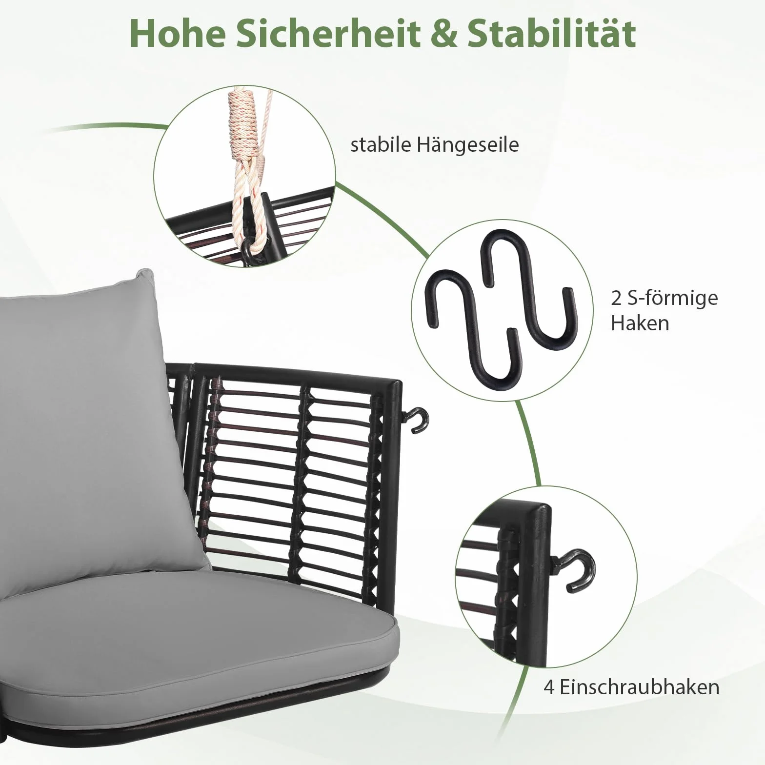 COSTWAY Fotel wiszący, rattanowy, obciążenie do 180 kg, fotel wiszący z poduszkami, metalową ramą i linami wiszącymi, fotel bujany, na werandę, do ogrodu, na podwórko (kolor szary)