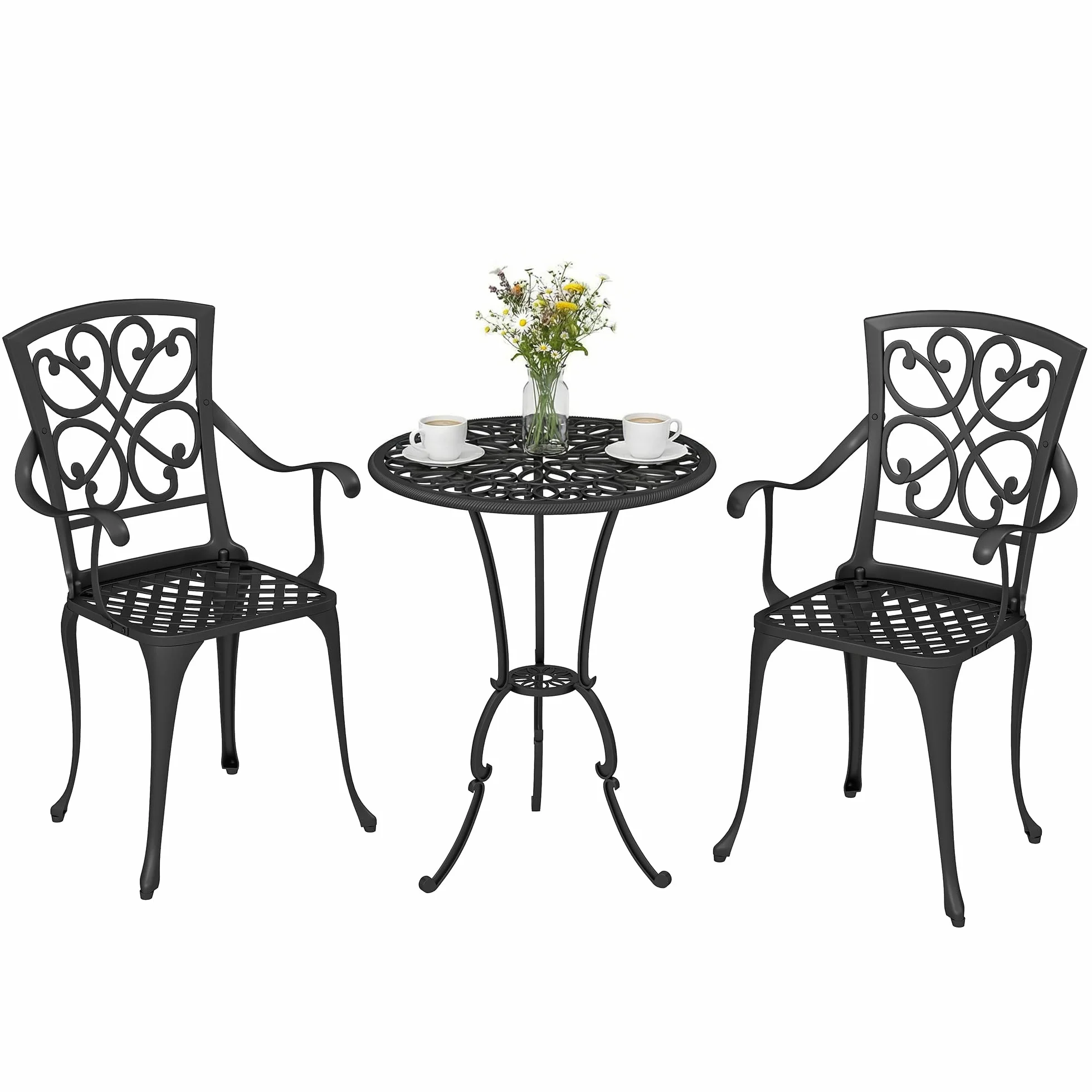 Outsunny 3-częściowy zestaw bistro ogrodowy okrągły stół z 2 krzesłami otwór na parasol, antyczne meble ogrodowe z odlewu aluminium, zestaw balkonowy na zewnątrz, taras czarny