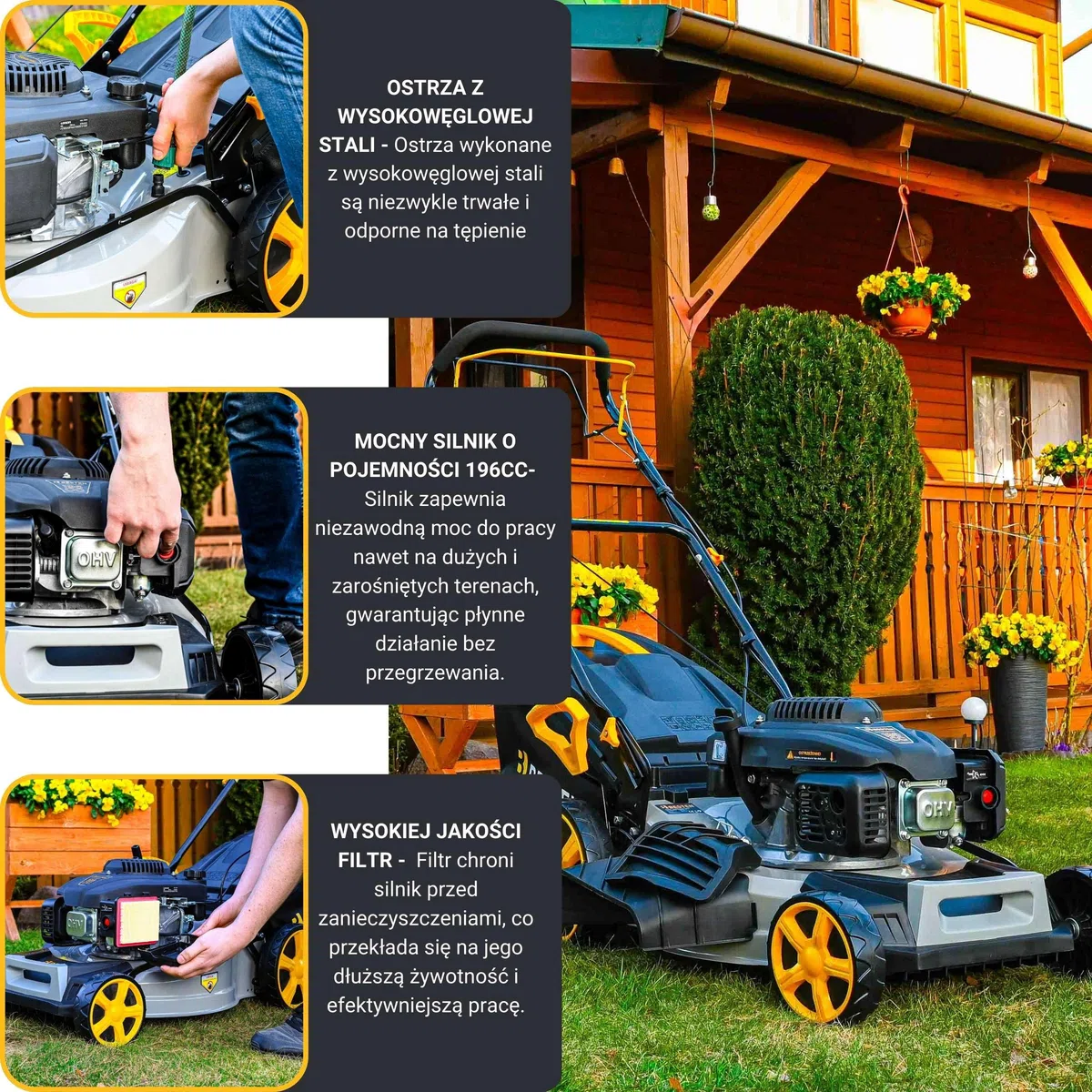 BESTEN Kosiarka Spalinowa z Napędem 196CC, Szerokośc Cięcia 51cm, Kosiarka Ogrodowa z Funkcją Bocznego Wyrzutu i Mocnym Zderzakiem, 8-Stopniowa Regulacja Wykości Koszenia, Kosz 62L,