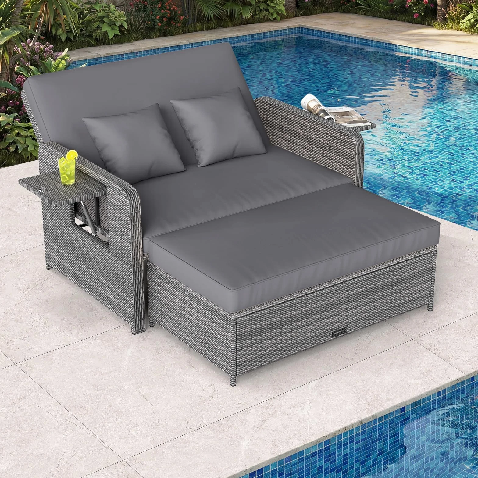 COSTWAY Sofa rattanowa, meble do użytku na zewnątrz, sofa ogrodowa z funkcją leżenia, 2-osobowa sofa ogrodowa z poduszkami i półkami bocznymi, meble ogrodowe z polirattanu, mały balkon (mieszanka