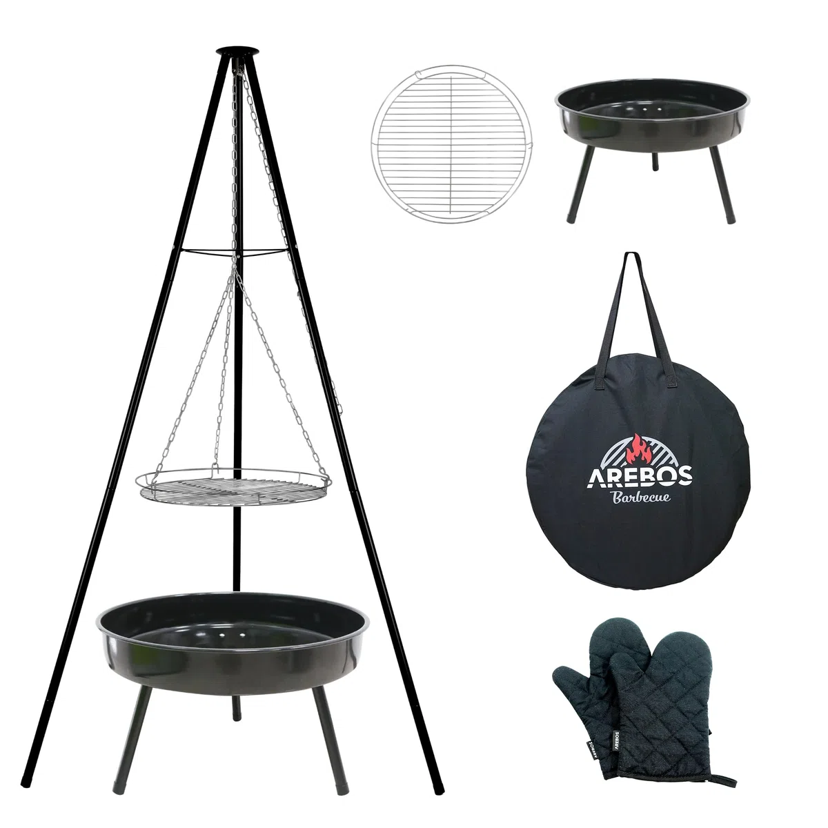 Arebos Obrotowy grill węglowy z rusztem Ø 51 cm | Grill obrotowy | Statyw do kotła gulaszowego | Ruszt do gotowania Ø 49 cm | Rama do grilla z paleniskiem | Łańcuszek z regulacją wysokości 228 cm