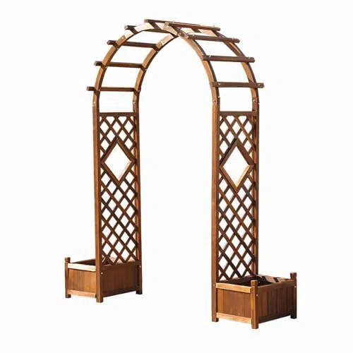 Zewnętrzny drewniany łuk ogrodowy pergola ze zintegrowanymi donicami i bocznymi skrzynkami na kwiaty, kratka o wysokości 237 cm, do pnących winorośli, idealna altana ogrodowa na róże i kwiaty