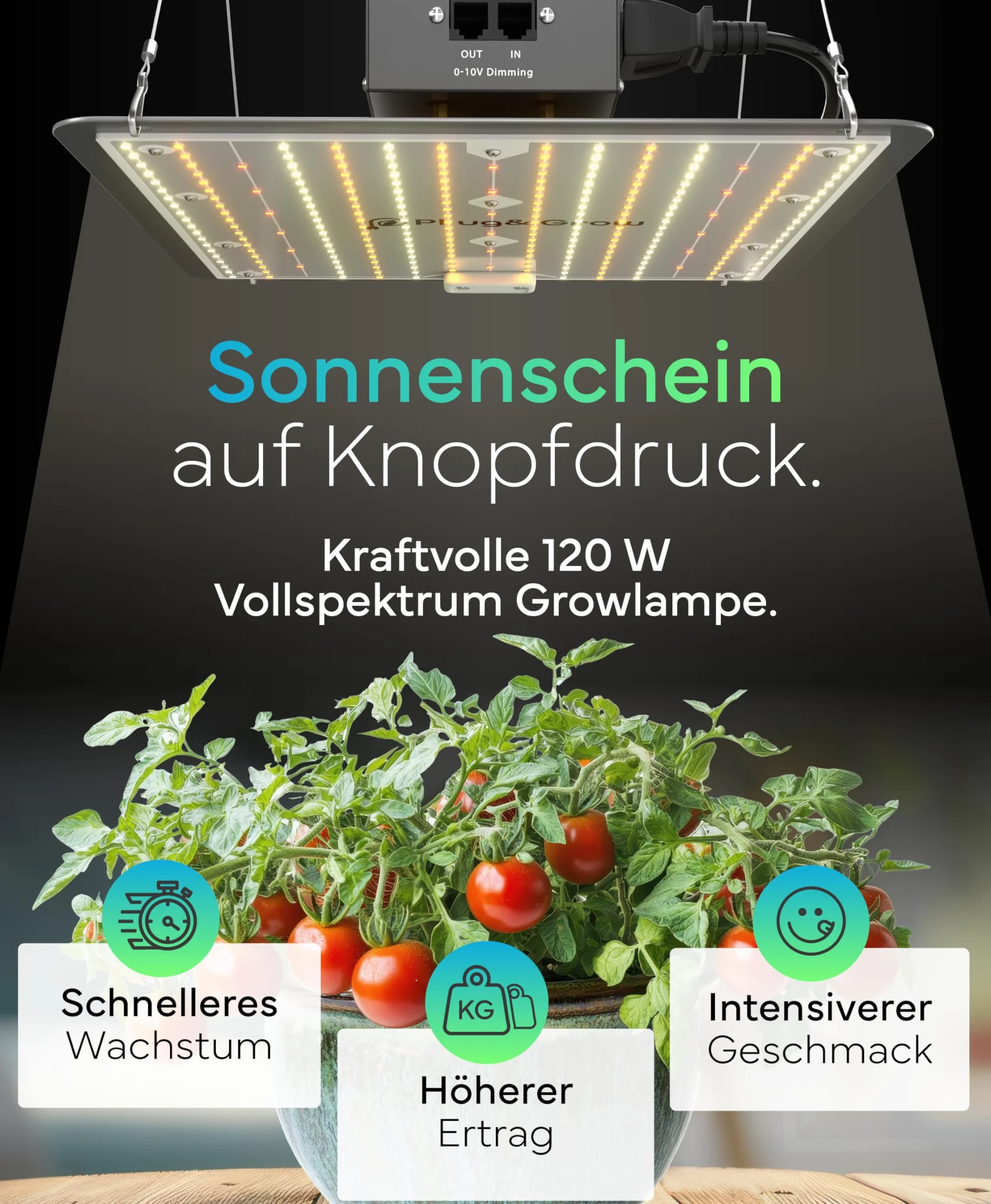 Plug & Grow lampa LED pełne spektrum 120 W 2,9 µmol/J z wbudowanym timerem do Growbox