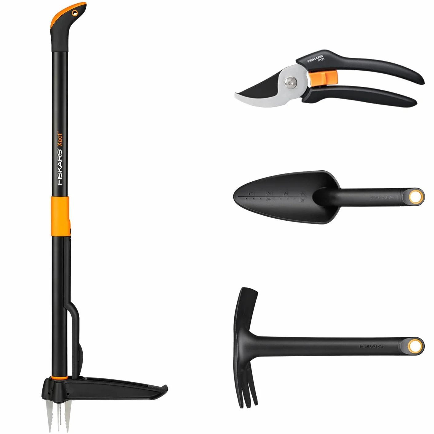 Fiskars Zestaw narzędzi ogrodowych, 4-częściowy, wycinak do chwastów Xact, długość: 1 m, motyka kombi Solid, długość: 28 cm, łopatka do kwiatów Solid, długość: 28 cm, sekator obejściowy Solid P121, 1