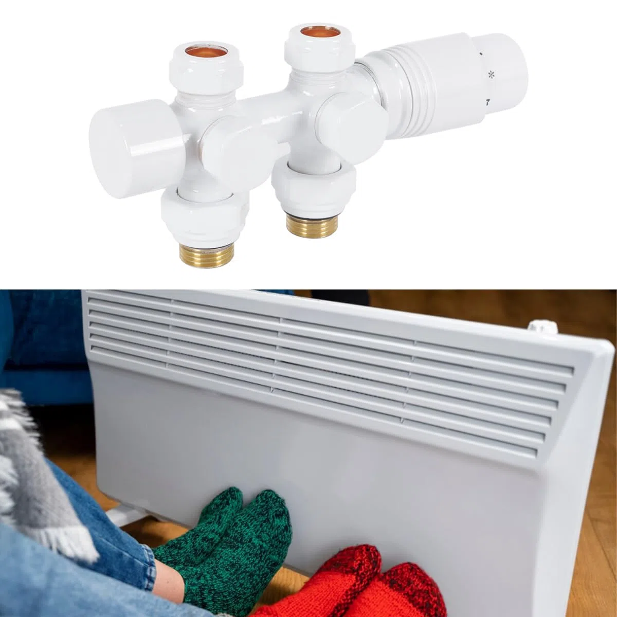 Multiblock z termostatem do grzejników, rozstaw piast 50 mm, zawór grzejnikowy mosiężny chromowany z głowicą termostatyczną (biały)