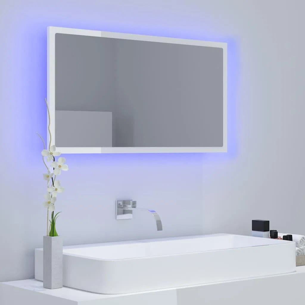 Lustro łazienkowe LED wysoki połysk białe 80 x 8,5 x 37 cm akryl, szafki i przechowywanie, szafki pod umywalkę, szafki łazienkowe
