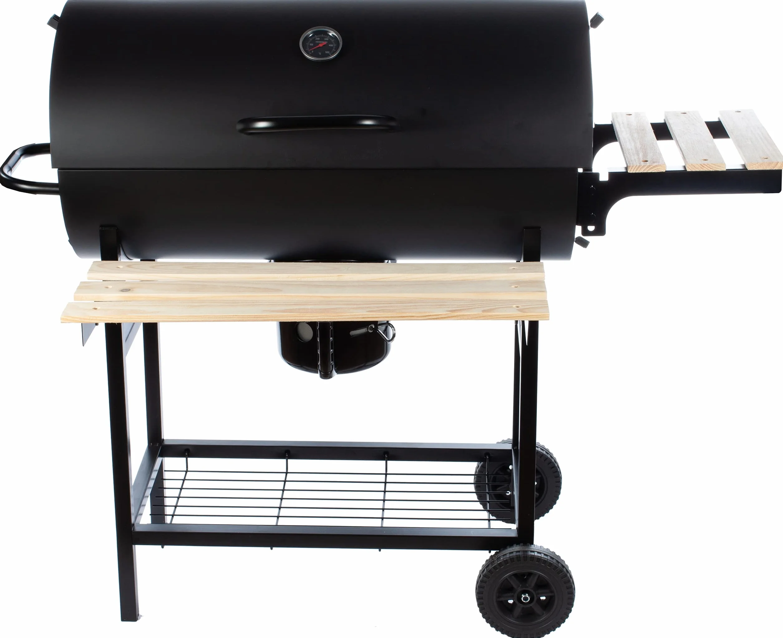 GrillMaster Okrągły Beczka BigBend GM2020 +Fartuch, Grill Ogrodowy, Węglowy, z Pokrywą, z Kółkami, Przesłony do Cyrkulacji Powietrza, Dodatkowe Półki