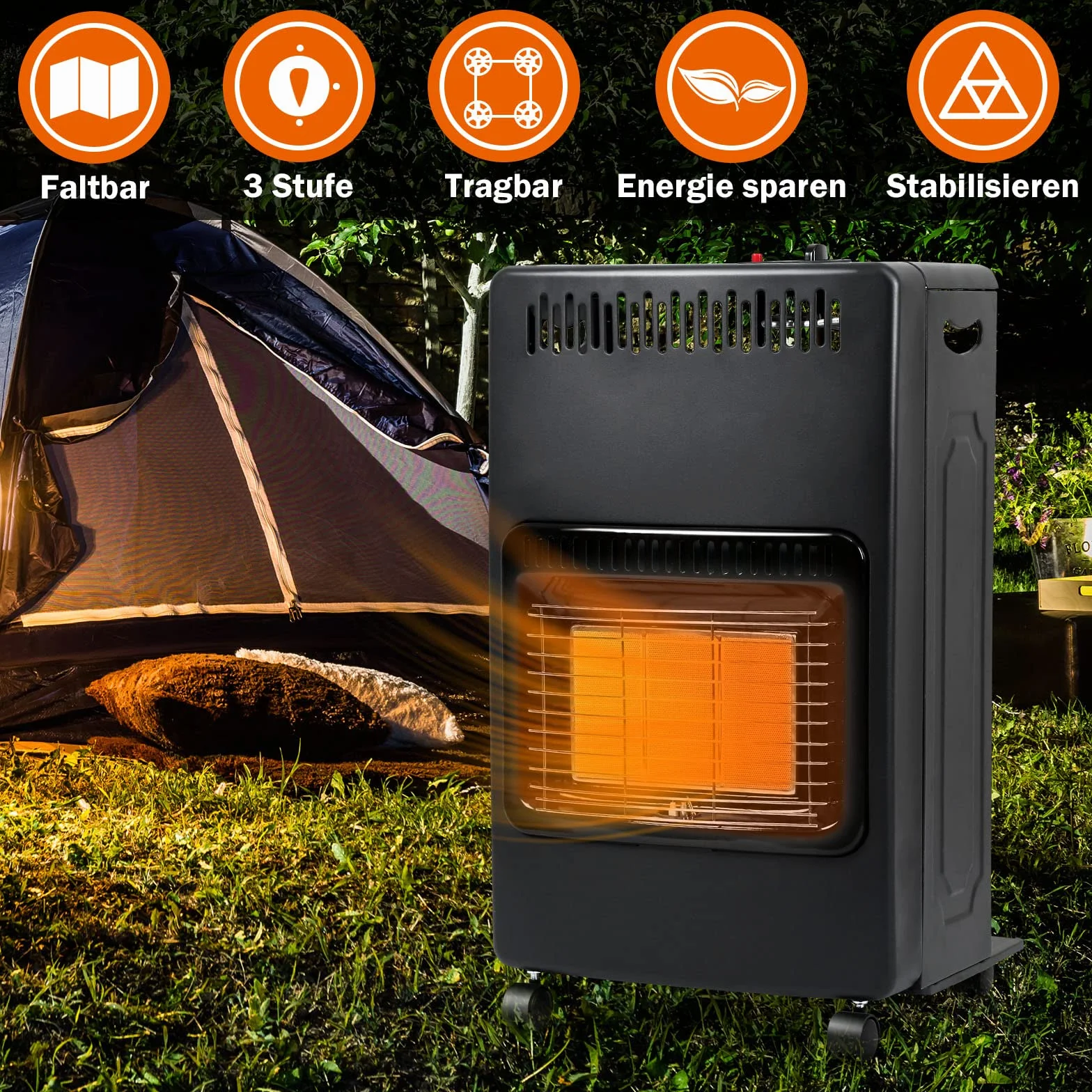 Piec gazowy, grzejnik gazowy, 4,2 kW, składany, 305 g/h, zużycie gazu, pojemność grzewcza 80 m³, ODS, zabezpieczenie przed przewróceniem, zapłon piezoelektryczny, z regulatorem ciśnienia i