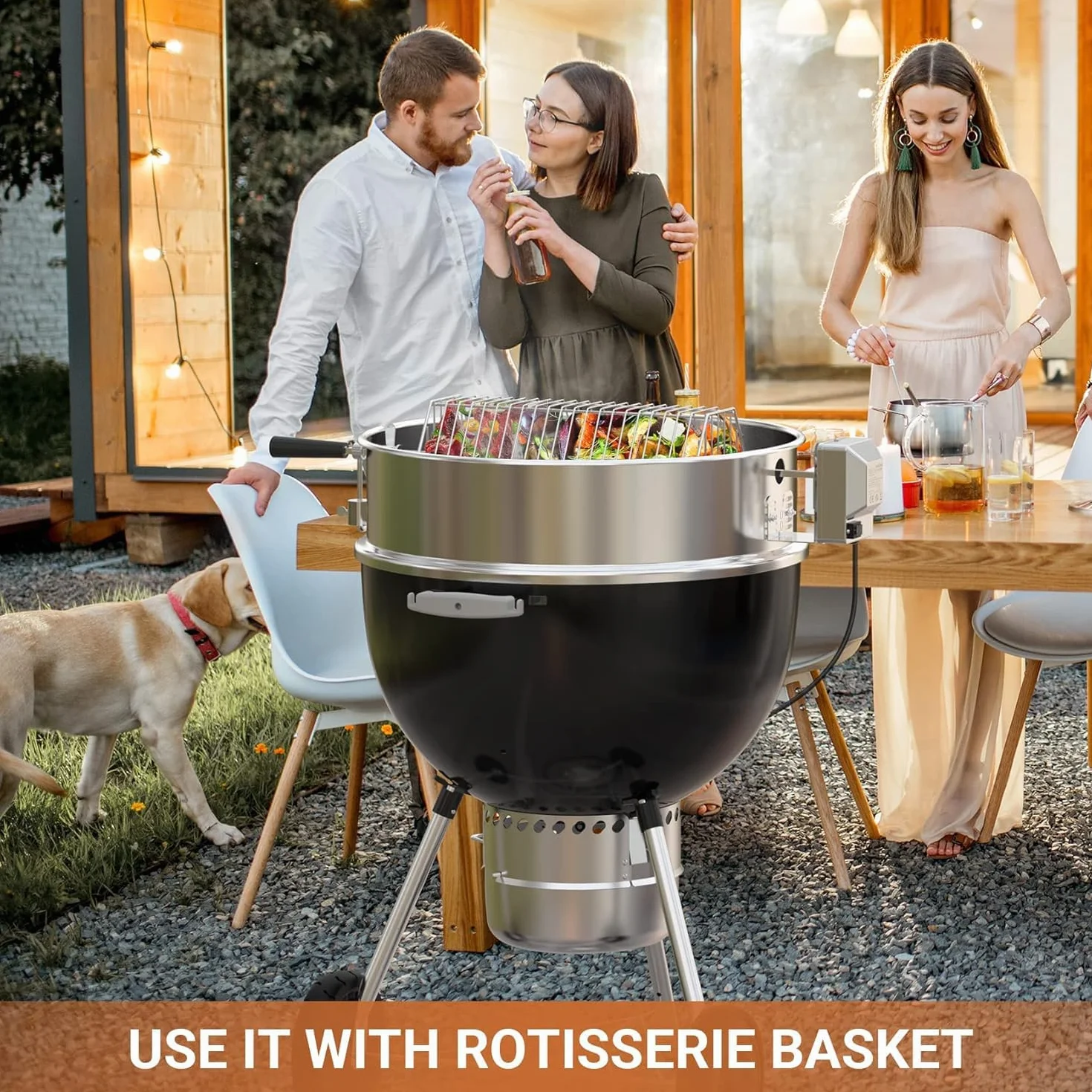 Onlyfire 57CM uniwersalny rożen ze stali nierdzewnej z silnikiem do grilla kociołkowego, rożna, grilla na węgiel drzewny, pasuje do Weber 2290 i innych modeli