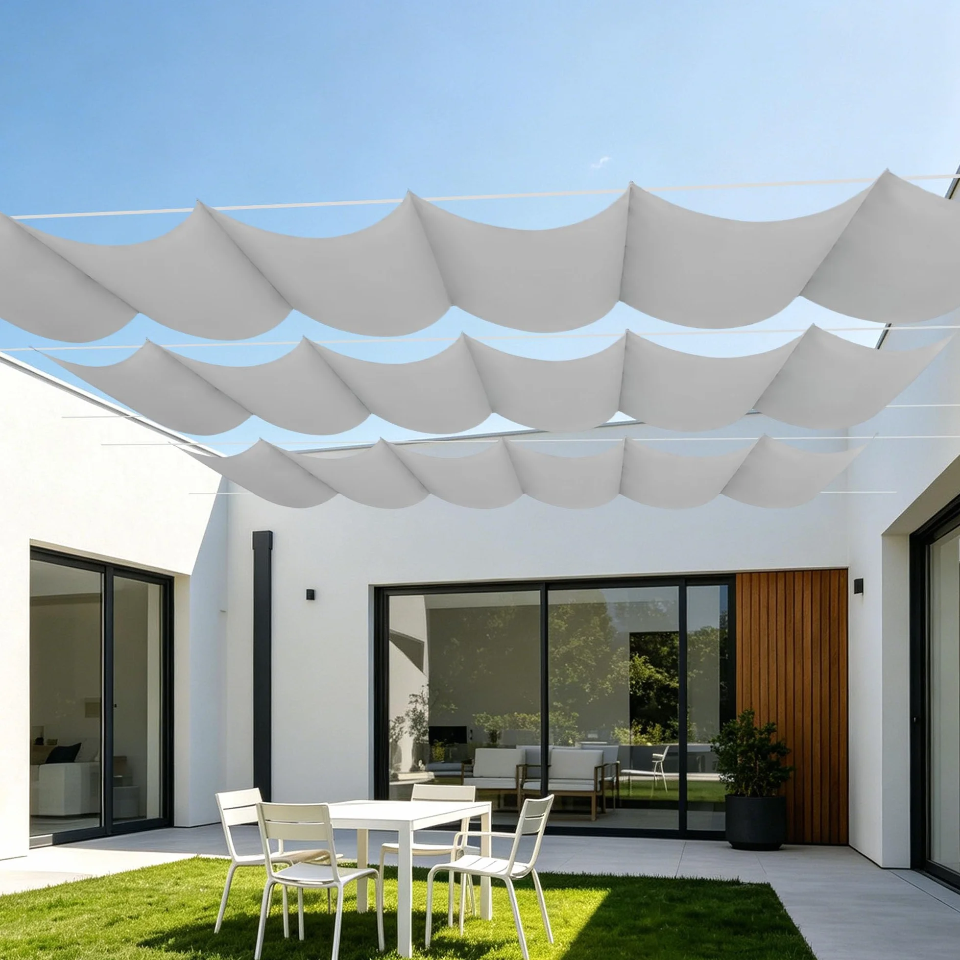 Rozwijany Żagiel Przeciwsłoneczny Wave 320 x 360 cm Konfigurowalny Rozwijana Osłona Do Pergoli Łatwy Montaż Do Ogrodu, Patio, Trawnika Dark, Jasny szary