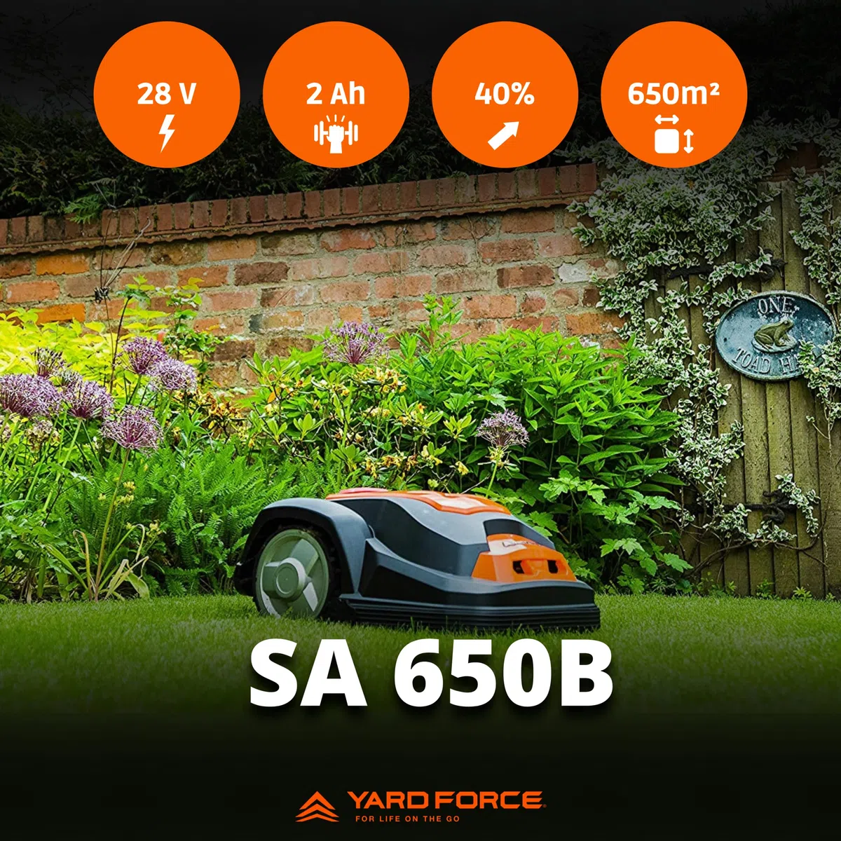 YARD FORCE Kosiarka SA650B do 650 m² – samobieżna kosiarka z funkcją Bluetooth i aplikacją, silnik bezszczotkowy, 40% nachylenia i 28 V/2,0 Ah akumulator litowo-jonowy, Czarna/pomarańczowa