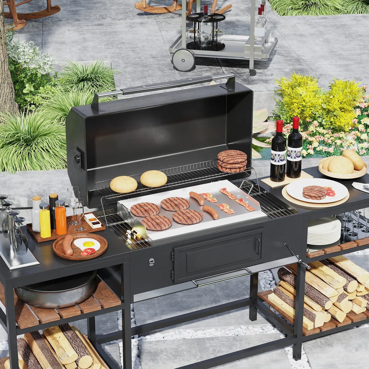 Płyty grillowe Plancha ze stali nierdzewnej, 54 x 32 x 7 cm, zestaw z uchwytem, pojemnikiem na tłuszcz i 2 szpatułkami do grilla, płyta paleniskowa, płyta griddla, do grilla gazowego, grilla