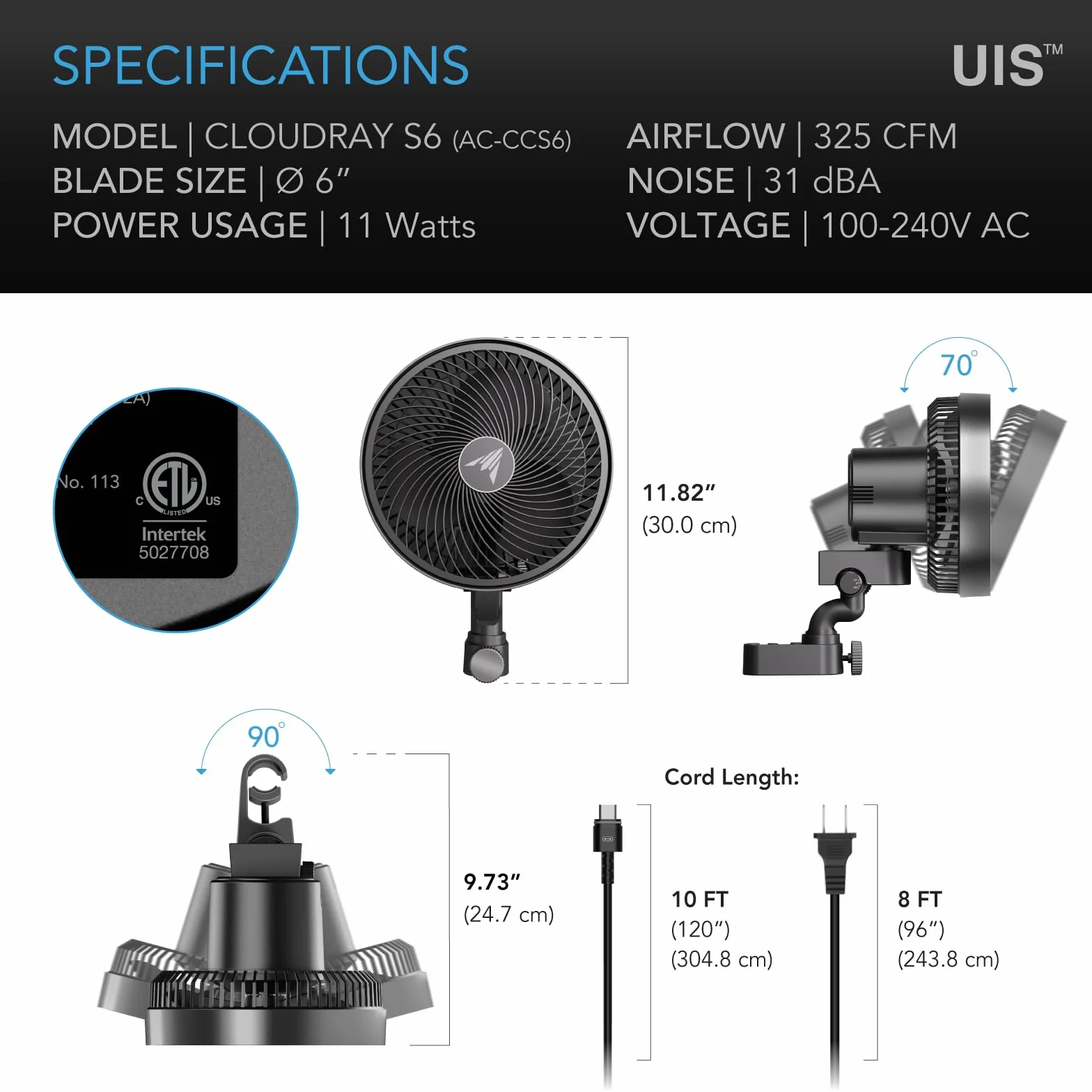 AC Infinity CLOUDRAY S6 wentylator z klipsem 150 mm do namiotów uprawnych z silnikiem EC, 10 stopni nawiewu, 10 poziomów oscylacji, IP54, do obiegu powietrza i chłodzenia w pomieszczeniach