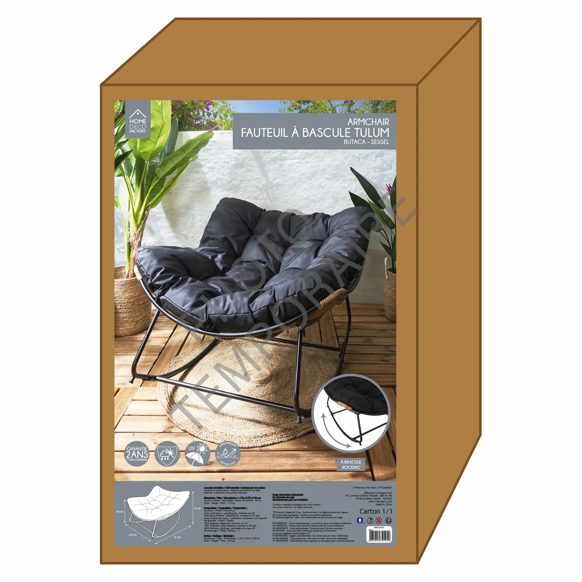 Fotel bujany ogrodowy żelazo efekt rattanu UV czarny HOME DECO FACTORY