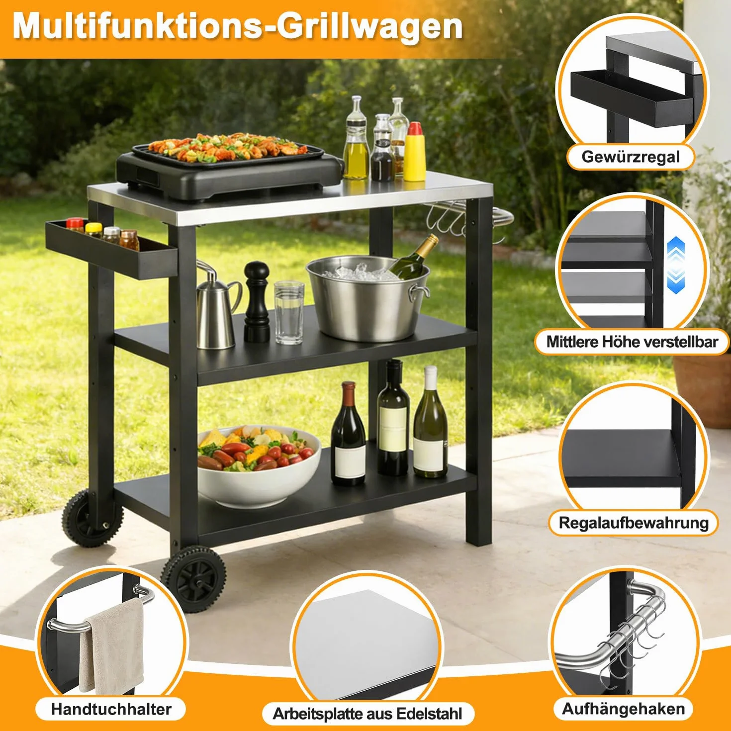 Stolik pomocniczy do grillowania, do użytku na zewnątrz, z regulowaną półką, regał na przyprawy i 6 haków, mobilny wózek do grillowania z 2 rolkami, wózek kuchenny do grilla i pizzy, 84 x 67