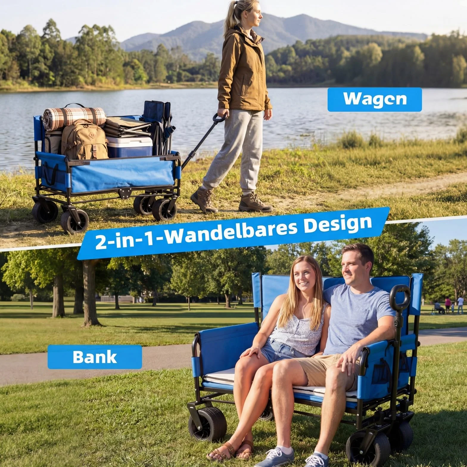 COSTWAY Wózek składany 2 w 1 z ławką, plażowy, 80 kg, ogrodowy transportowy